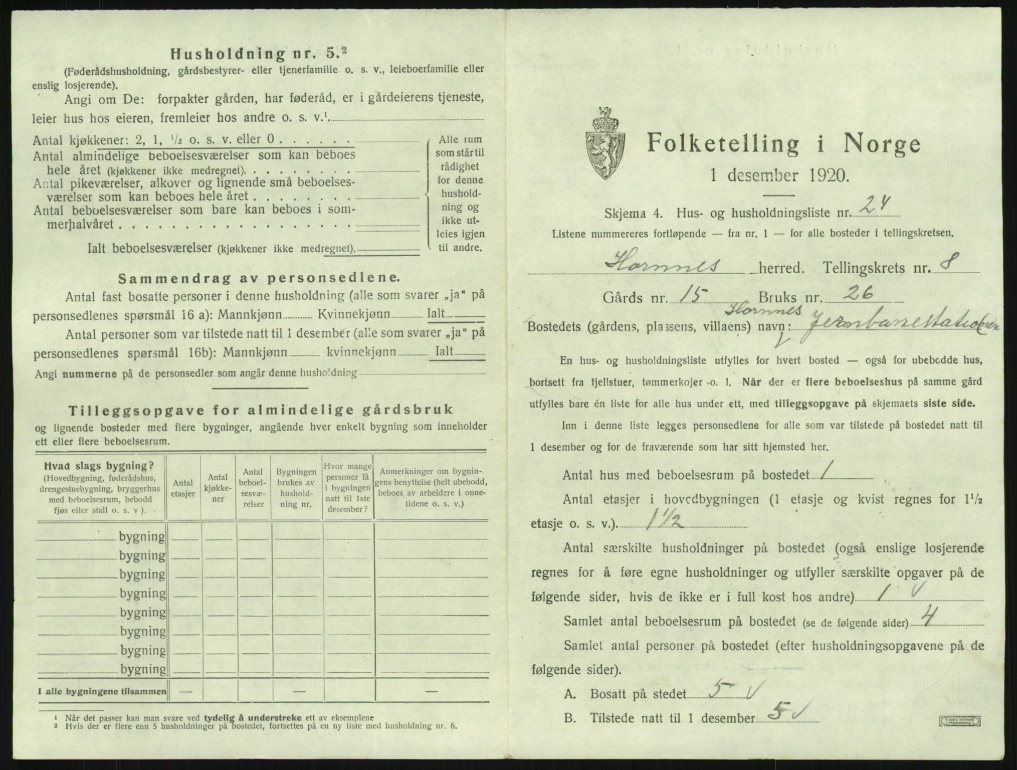 SAK, 1920 census for Hornnes, 1920, p. 341