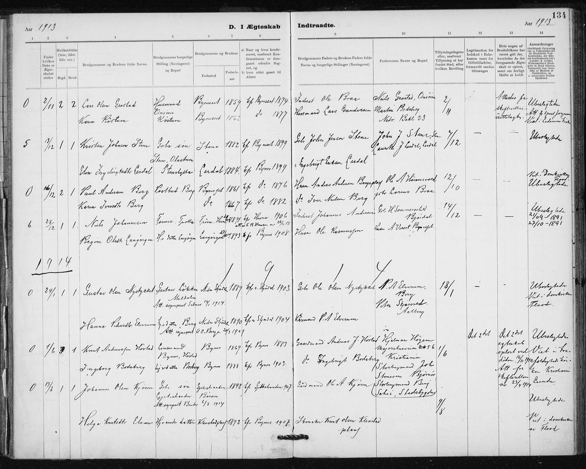 Ministerialprotokoller, klokkerbøker og fødselsregistre - Sør-Trøndelag, SAT/A-1456/612/L0381: Parish register (official) no. 612A13, 1907-1923, p. 134