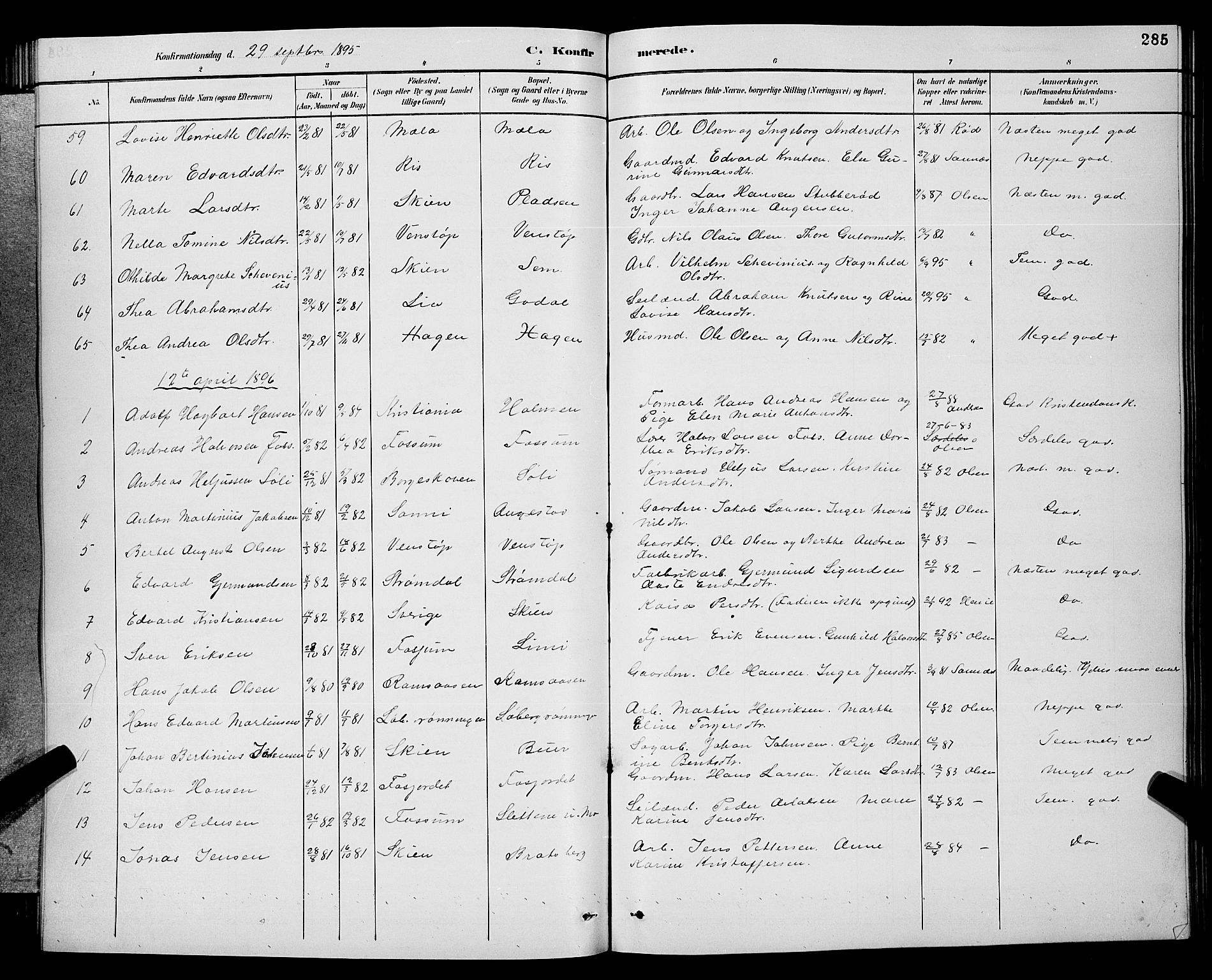 Gjerpen kirkebøker, SAKO/A-265/G/Ga/L0002: Parish register (copy) no. I 2, 1883-1900, p. 285
