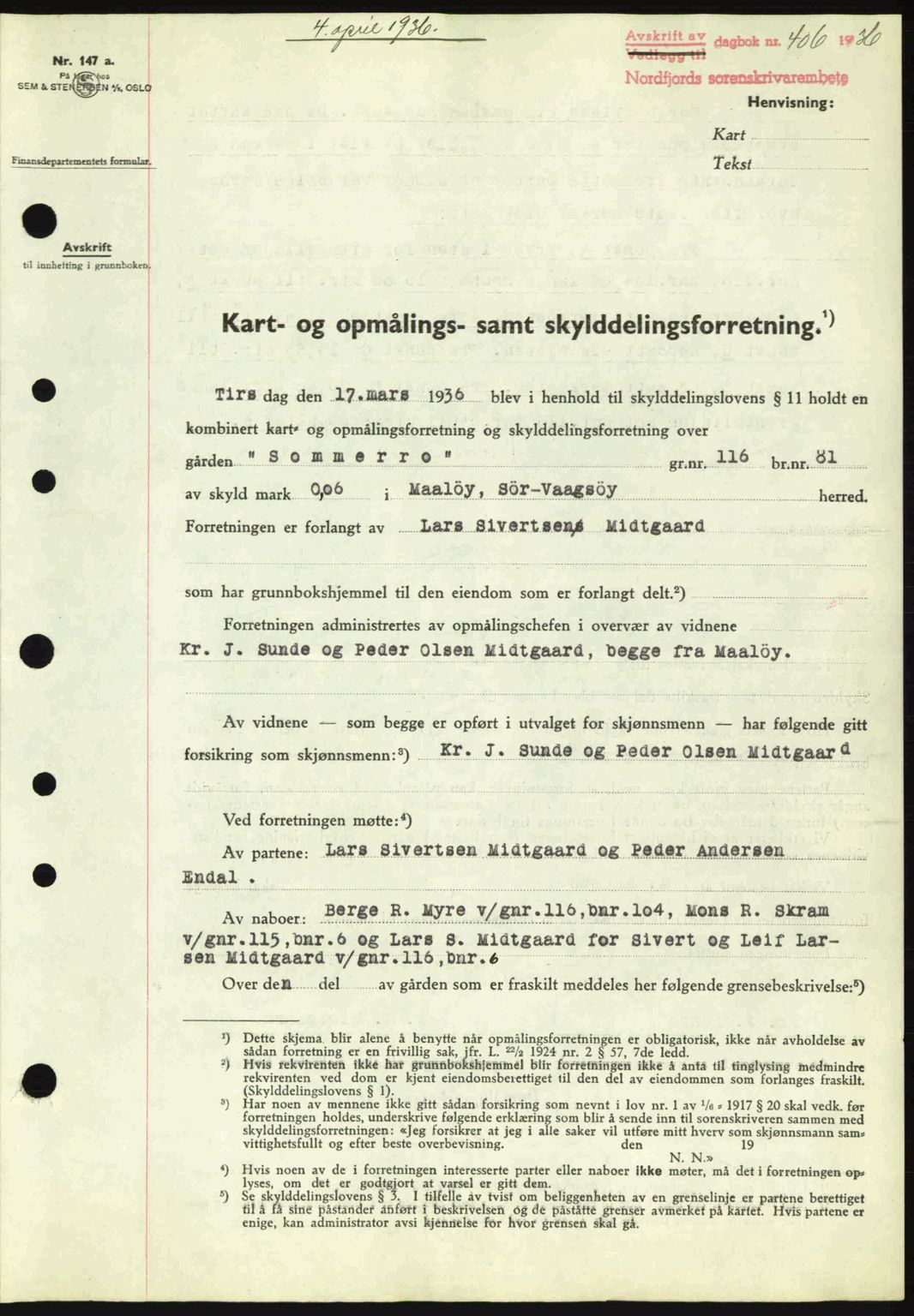 Nordfjord sorenskriveri, AV/SAB-A-2801/02/02b/02bj/L0001: Mortgage book no. A1, 1936-1937, Diary no: : 406/1936