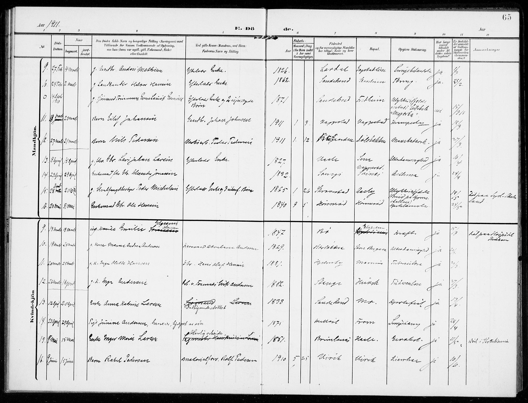 Sandar kirkebøker, SAKO/A-243/F/Fa/L0019: Parish register (official) no. 19, 1908-1914, p. 65