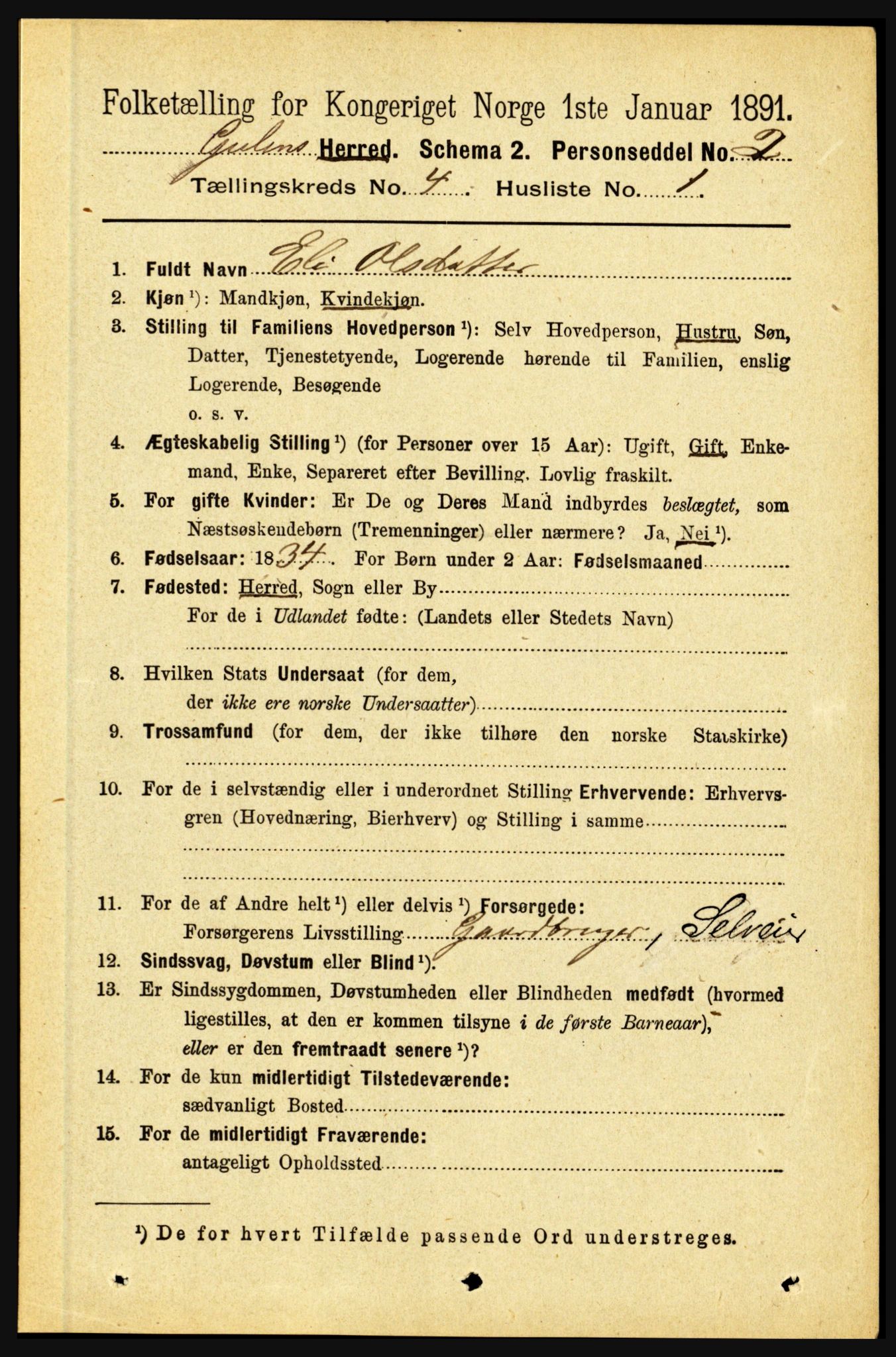 RA, 1891 census for 1411 Gulen, 1891, p. 1212