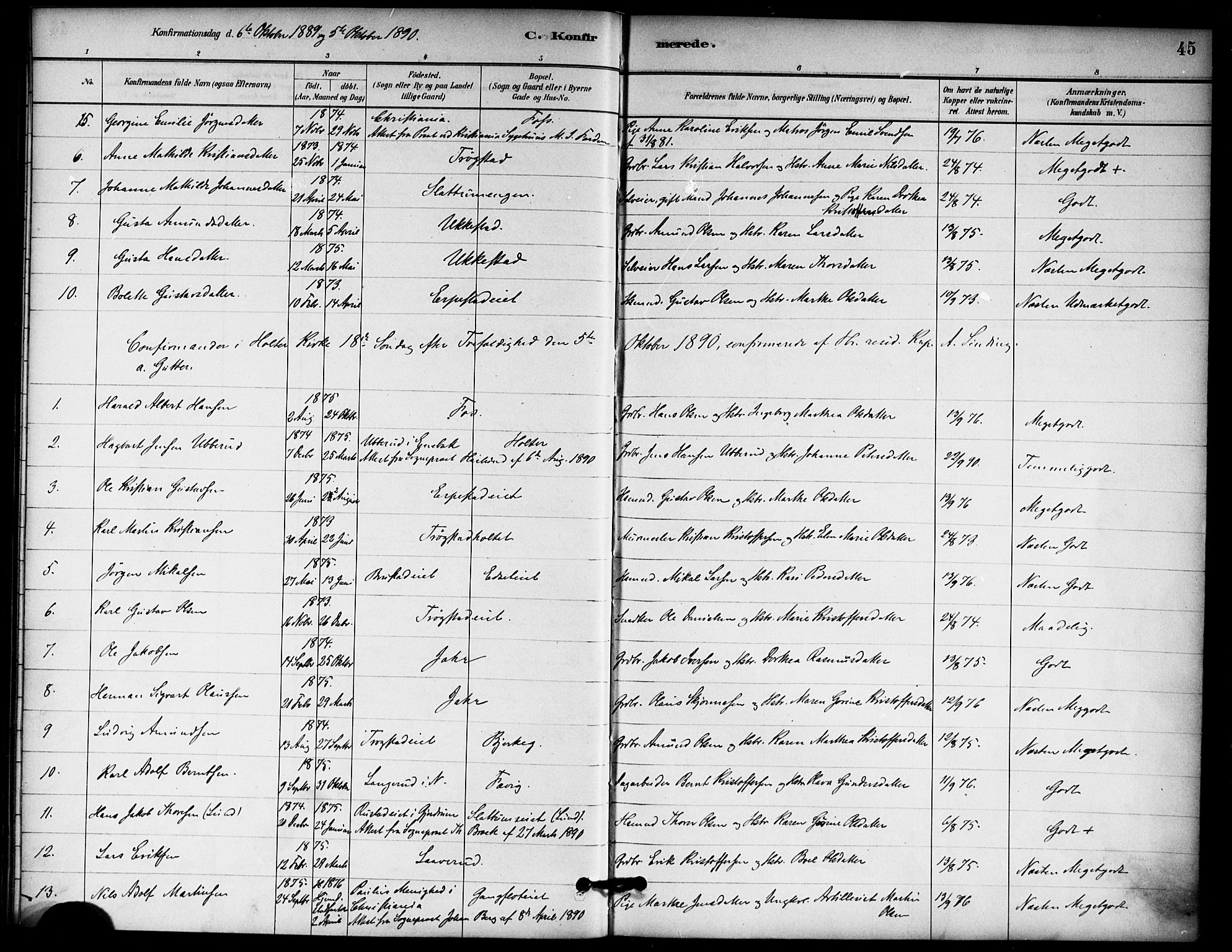Nannestad prestekontor Kirkebøker, SAO/A-10414a/F/Fb/L0001: Parish register (official) no. II 1, 1881-1890, p. 45