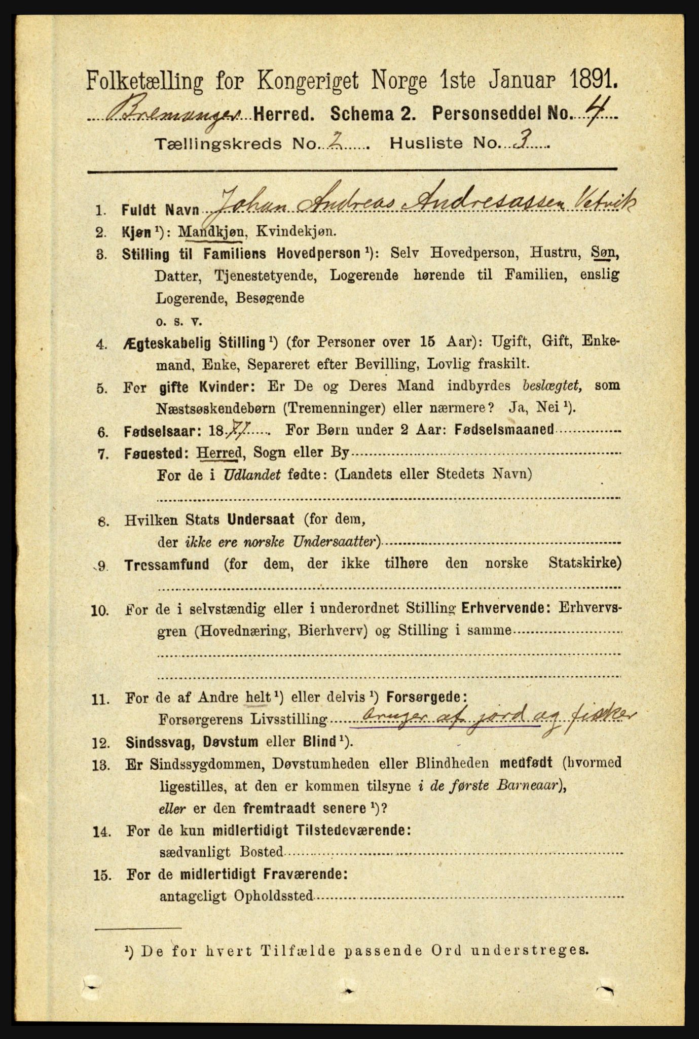 RA, 1891 census for 1438 Bremanger, 1891, p. 665