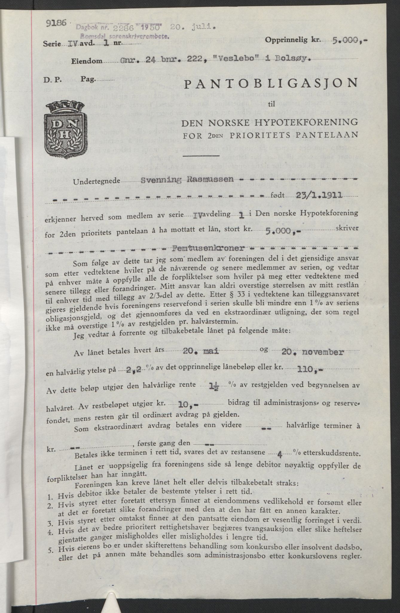 Romsdal sorenskriveri, AV/SAT-A-4149/1/2/2C: Mortgage book no. B5, 1949-1950, Diary no: : 2286/1950