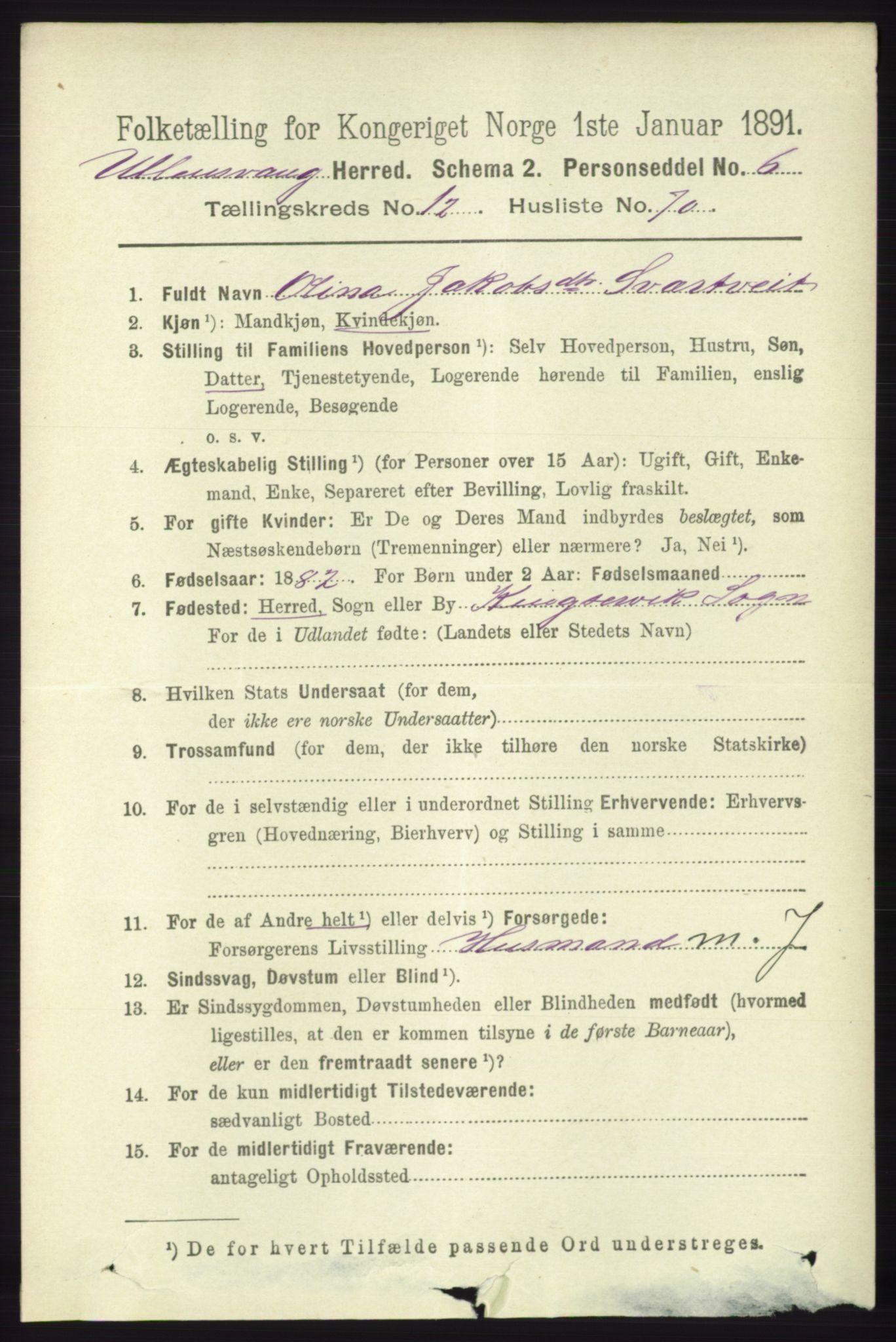 RA, 1891 census for 1230 Ullensvang, 1891, p. 5020