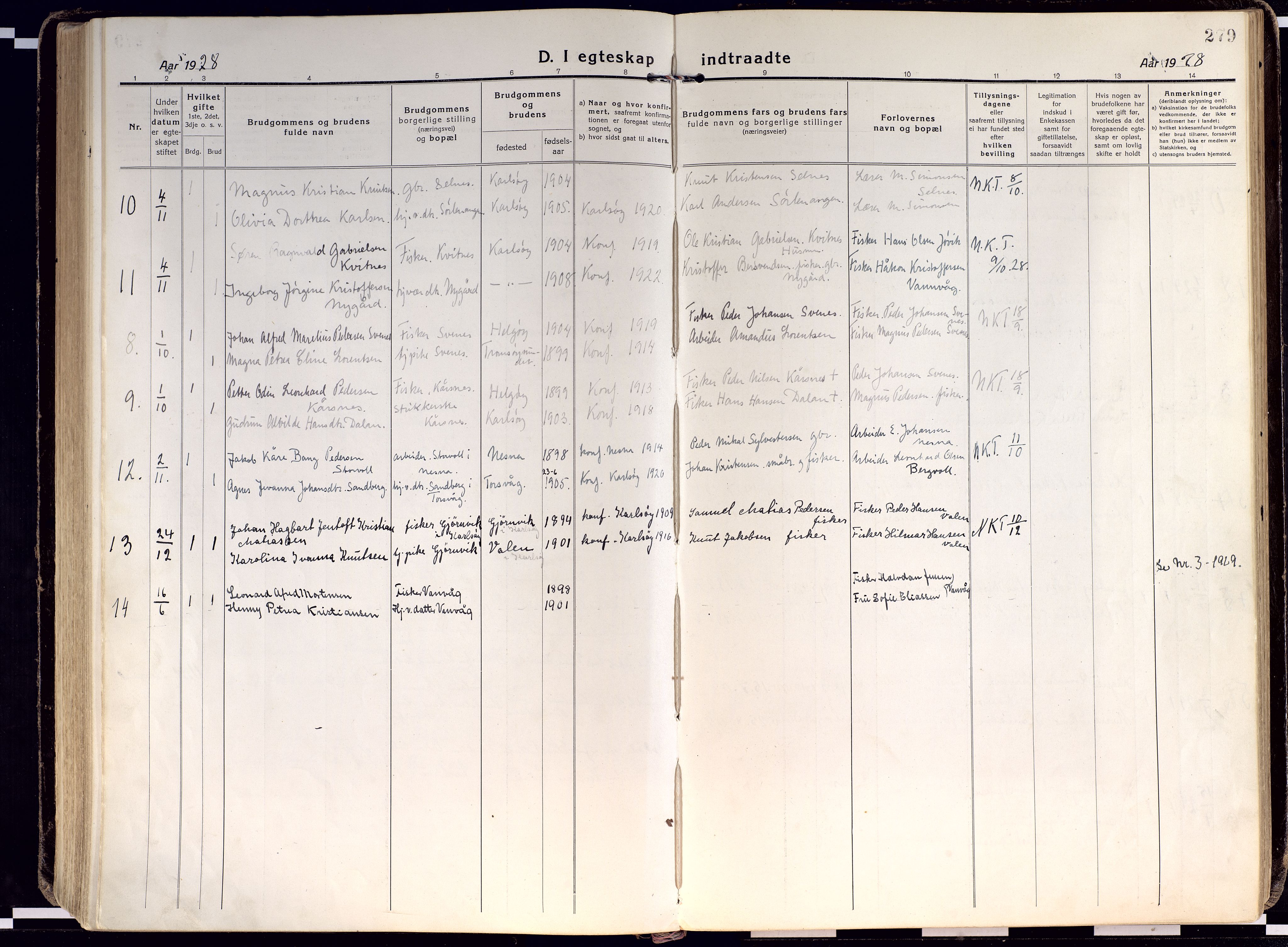 Karlsøy sokneprestembete, AV/SATØ-S-1299/H/Ha/Haa/L0015kirke: Parish register (official) no. 15, 1918-1929, p. 279