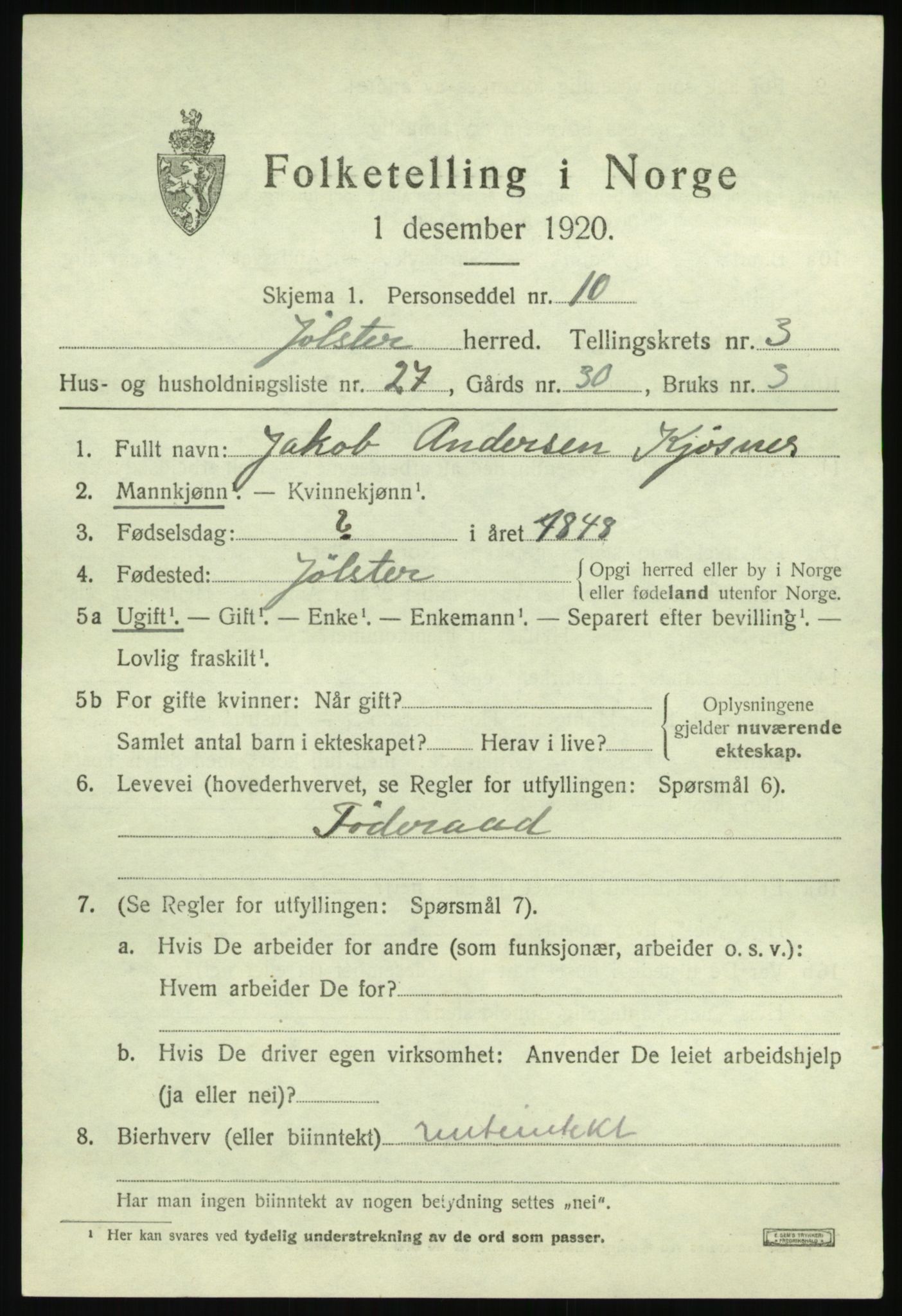 SAB, 1920 census for Jølster, 1920, p. 2362