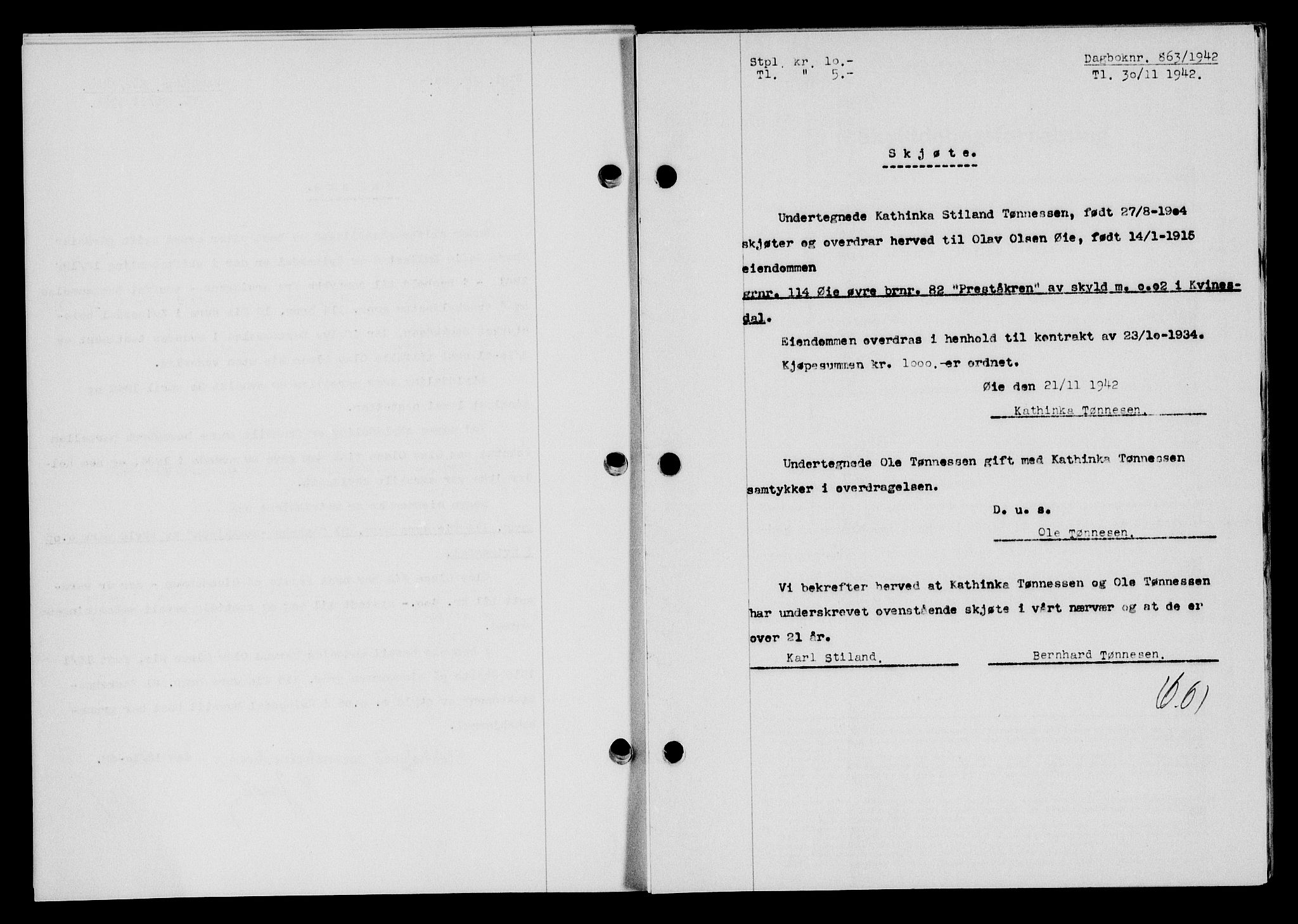 Flekkefjord sorenskriveri, SAK/1221-0001/G/Gb/Gba/L0058: Mortgage book no. A-6, 1942-1944, Diary no: : 863/1942