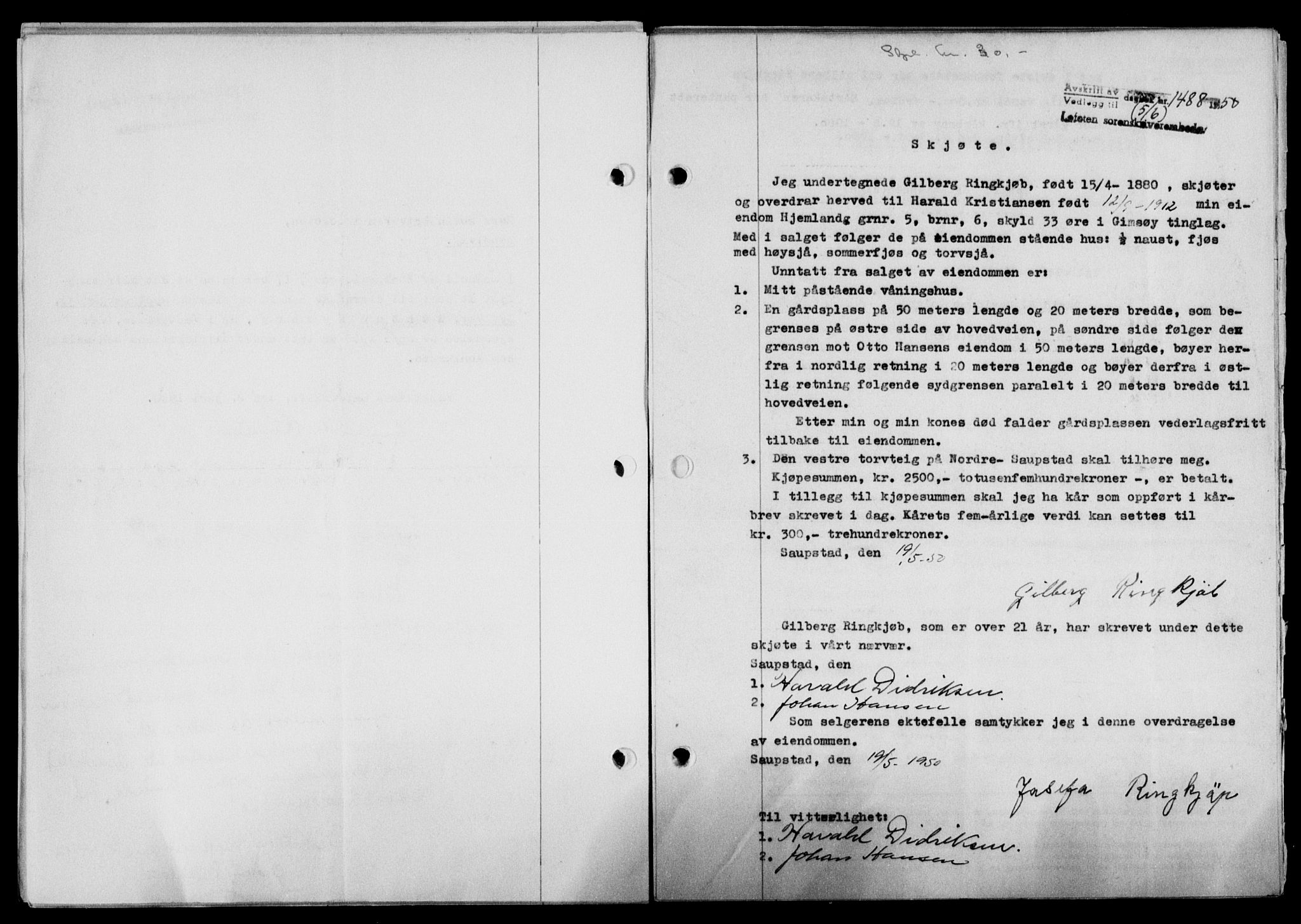 Lofoten sorenskriveri, SAT/A-0017/1/2/2C/L0023a: Mortgage book no. 23a, 1950-1950, Diary no: : 1488/1950