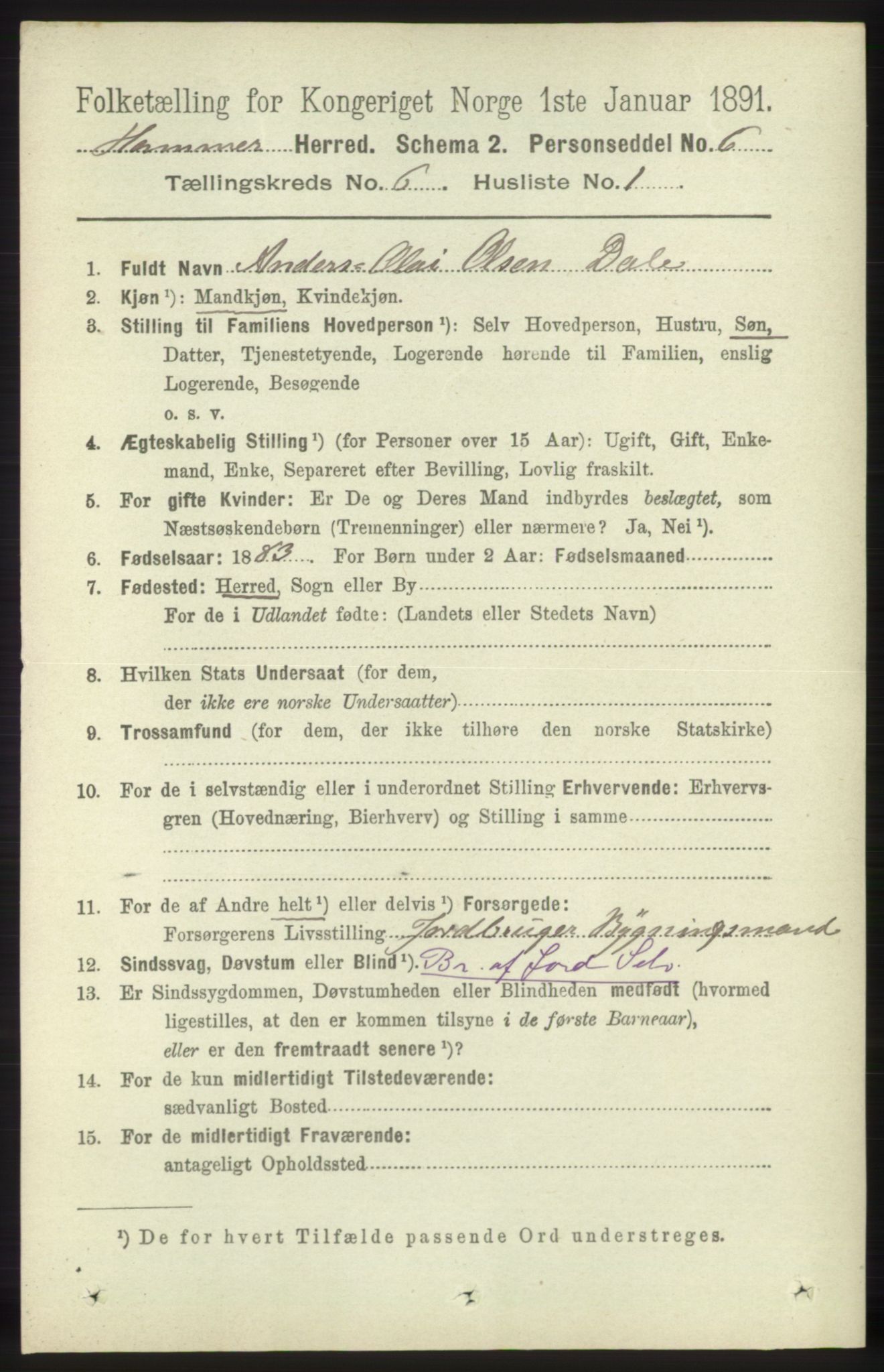 RA, 1891 census for 1254 Hamre, 1891, p. 1543