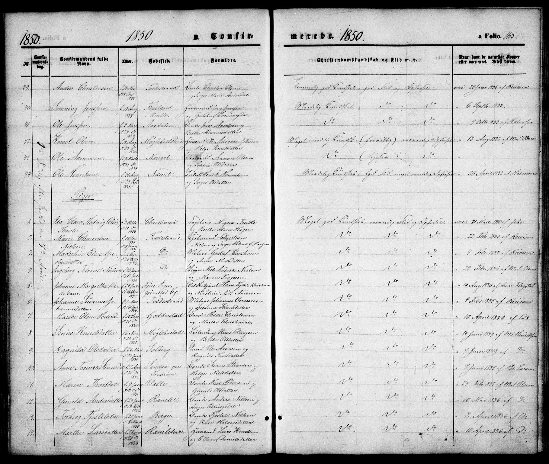Holt sokneprestkontor, AV/SAK-1111-0021/F/Fa/L0008: Parish register (official) no. A 8, 1849-1860, p. 165