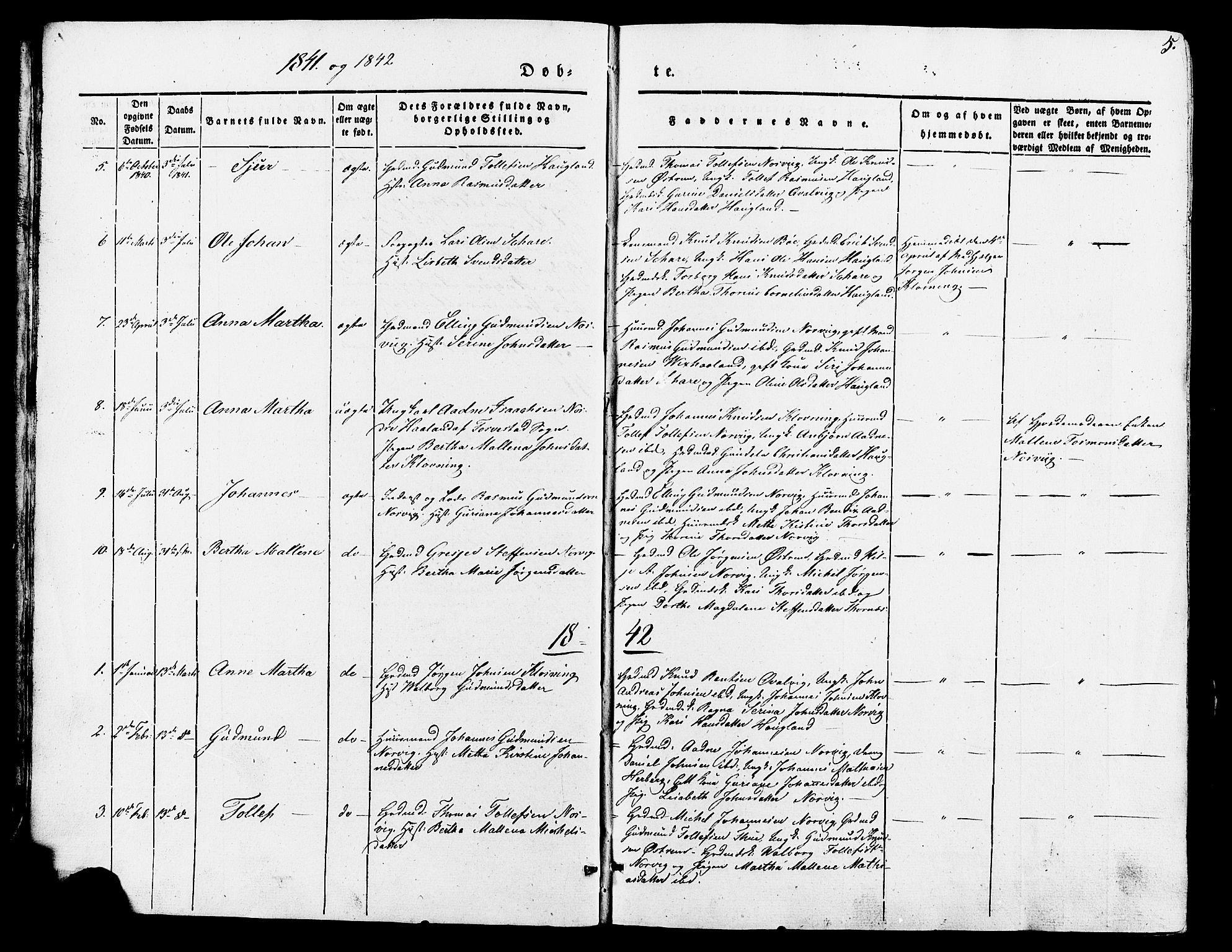 Torvastad sokneprestkontor, AV/SAST-A -101857/H/Ha/Haa/L0007: Parish register (official) no. A 7, 1838-1882, p. 5