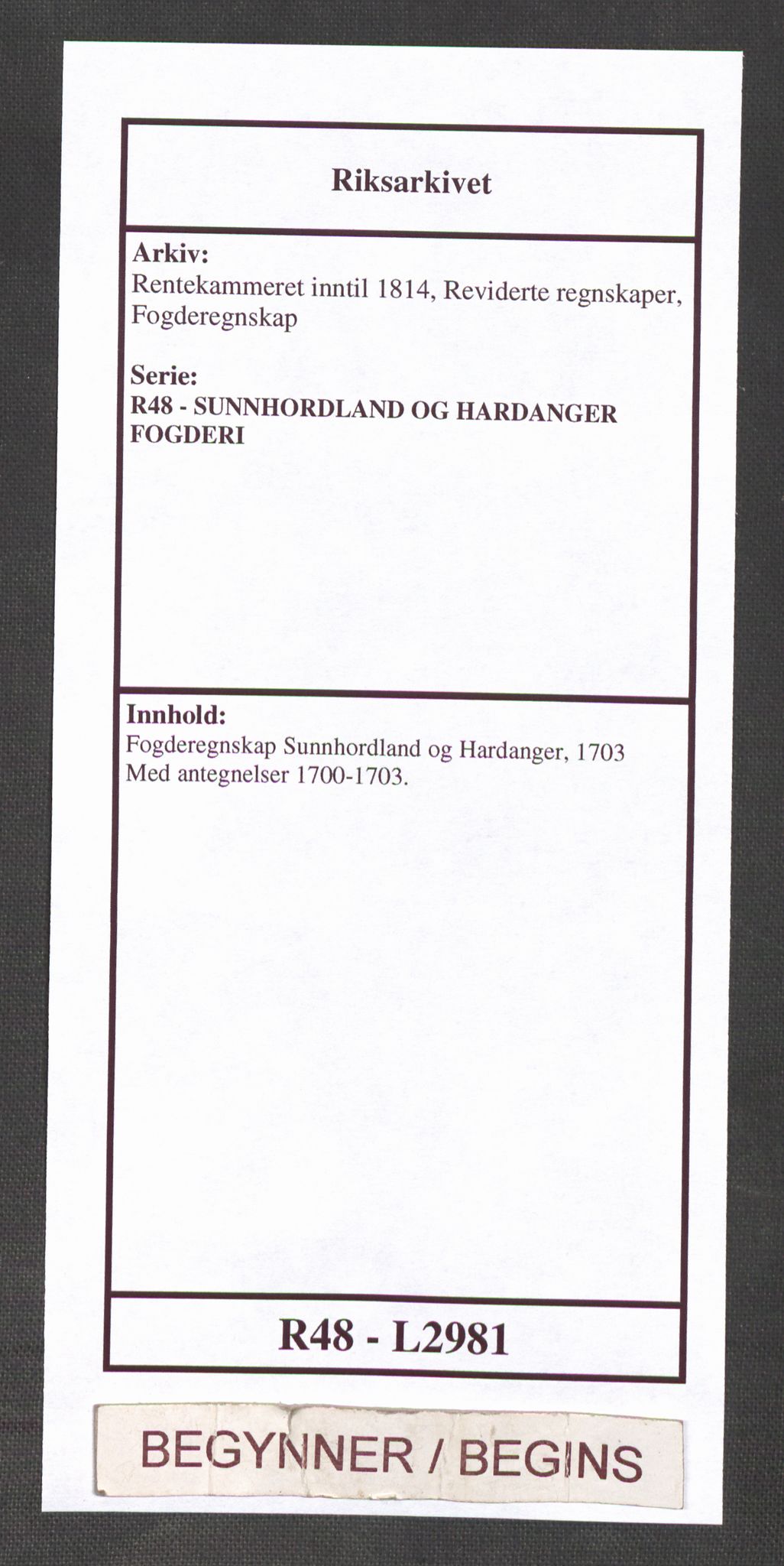 Rentekammeret inntil 1814, Reviderte regnskaper, Fogderegnskap, AV/RA-EA-4092/R48/L2981: Fogderegnskap Sunnhordland og Hardanger, 1703, p. 1