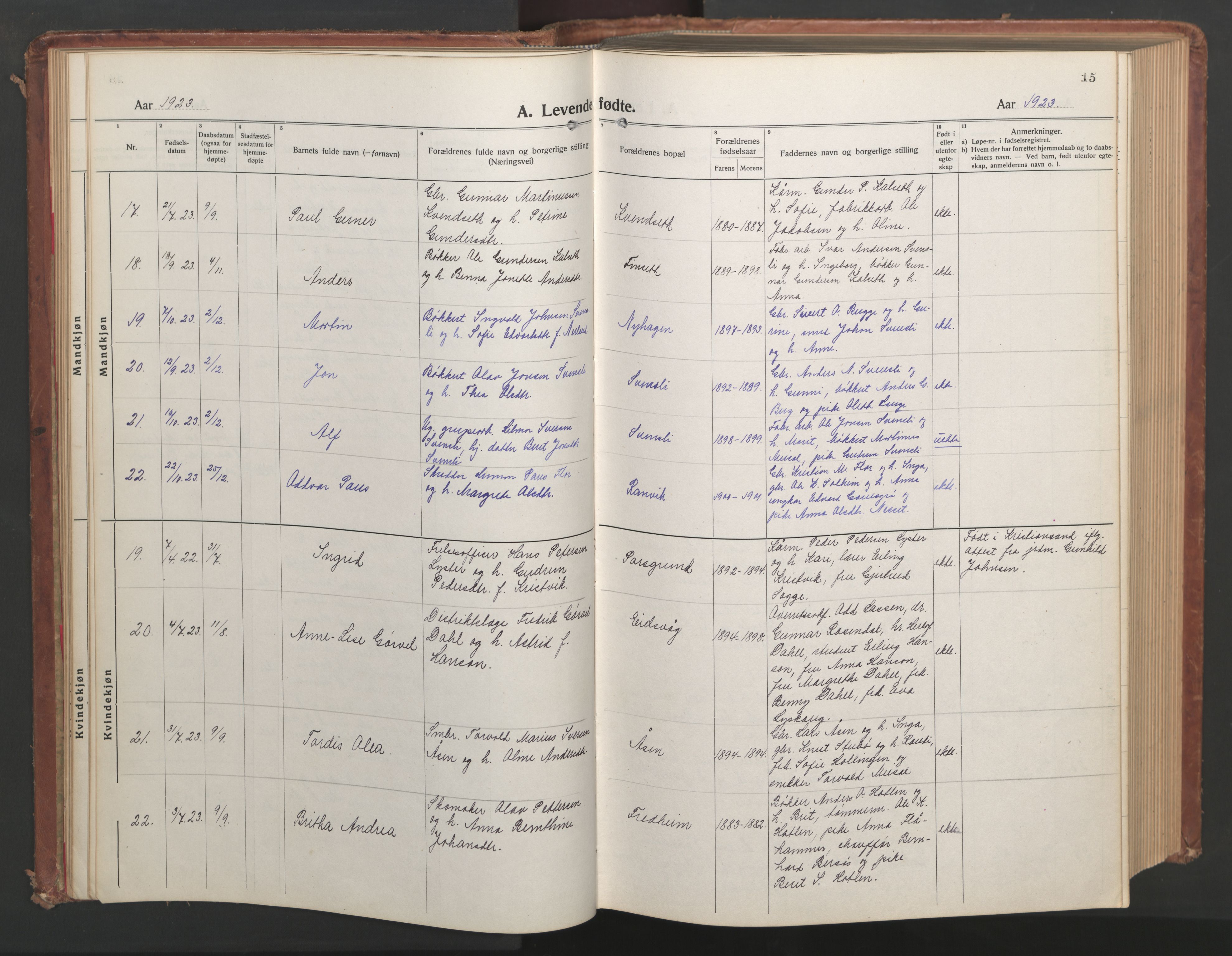 Ministerialprotokoller, klokkerbøker og fødselsregistre - Møre og Romsdal, AV/SAT-A-1454/551/L0633: Parish register (copy) no. 551C05, 1921-1961, p. 15