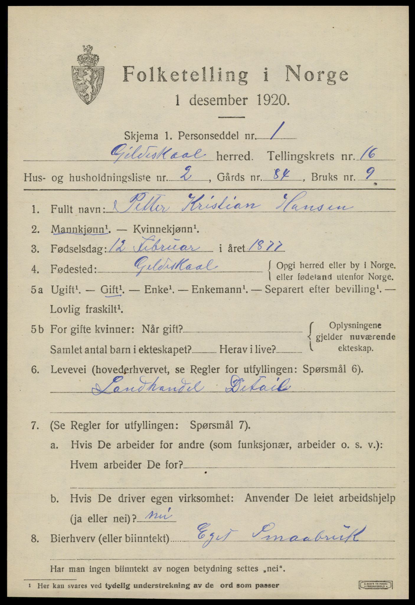 SAT, 1920 census for Gildeskål, 1920, p. 10186