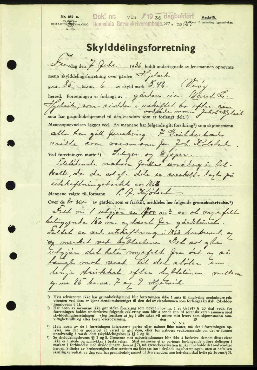 Romsdal sorenskriveri, AV/SAT-A-4149/1/2/2C: Mortgage book no. A1, 1936-1936, Diary no: : 713/1936