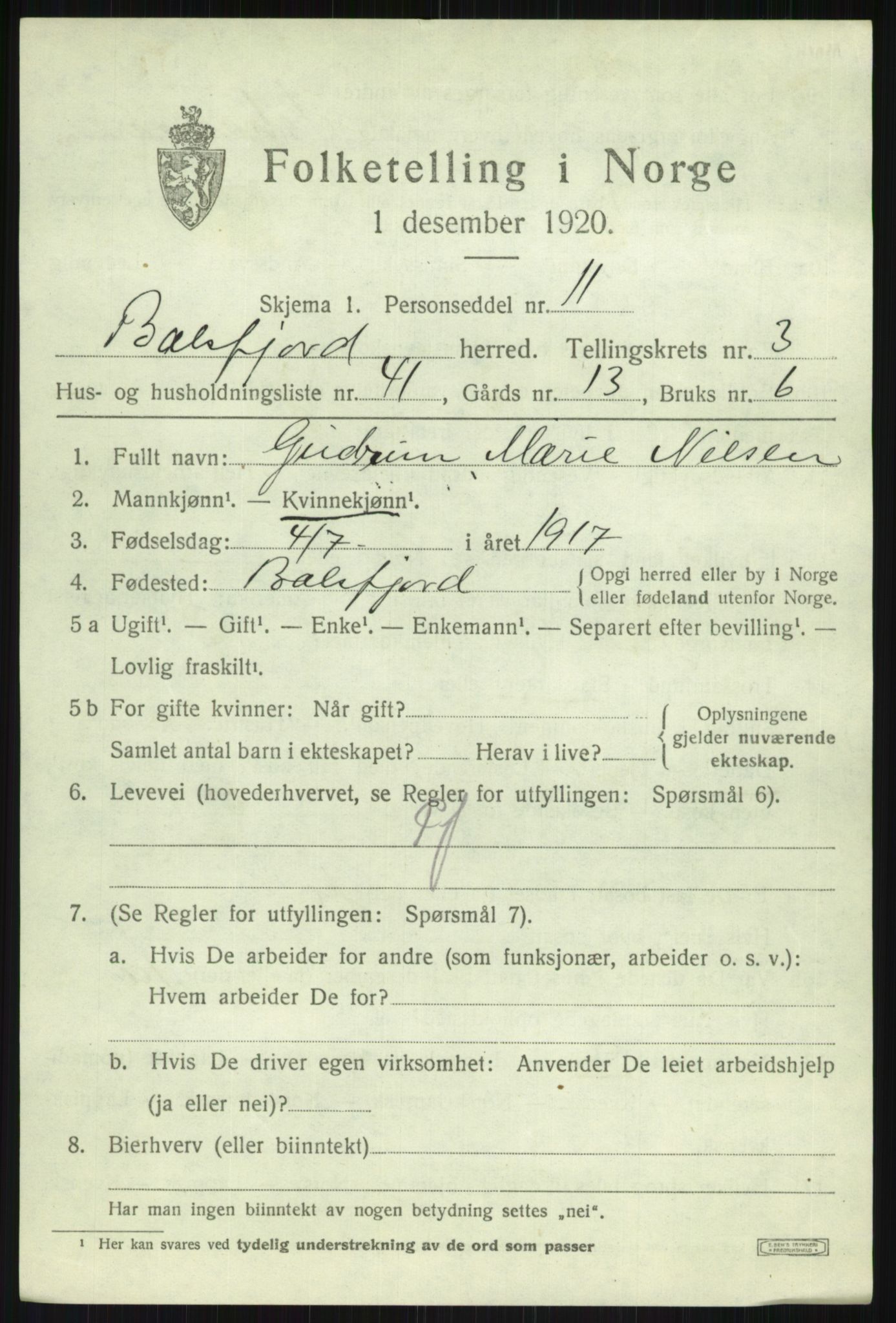 SATØ, 1920 census for Balsfjord, 1920, p. 2694