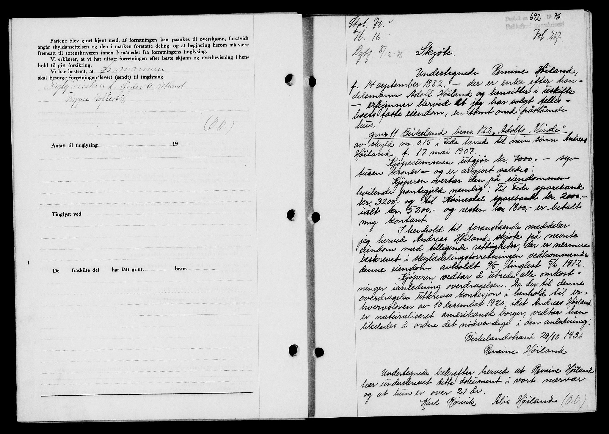 Flekkefjord sorenskriveri, SAK/1221-0001/G/Gb/Gba/L0053: Mortgage book no. A-1, 1936-1937, Diary no: : 692/1936