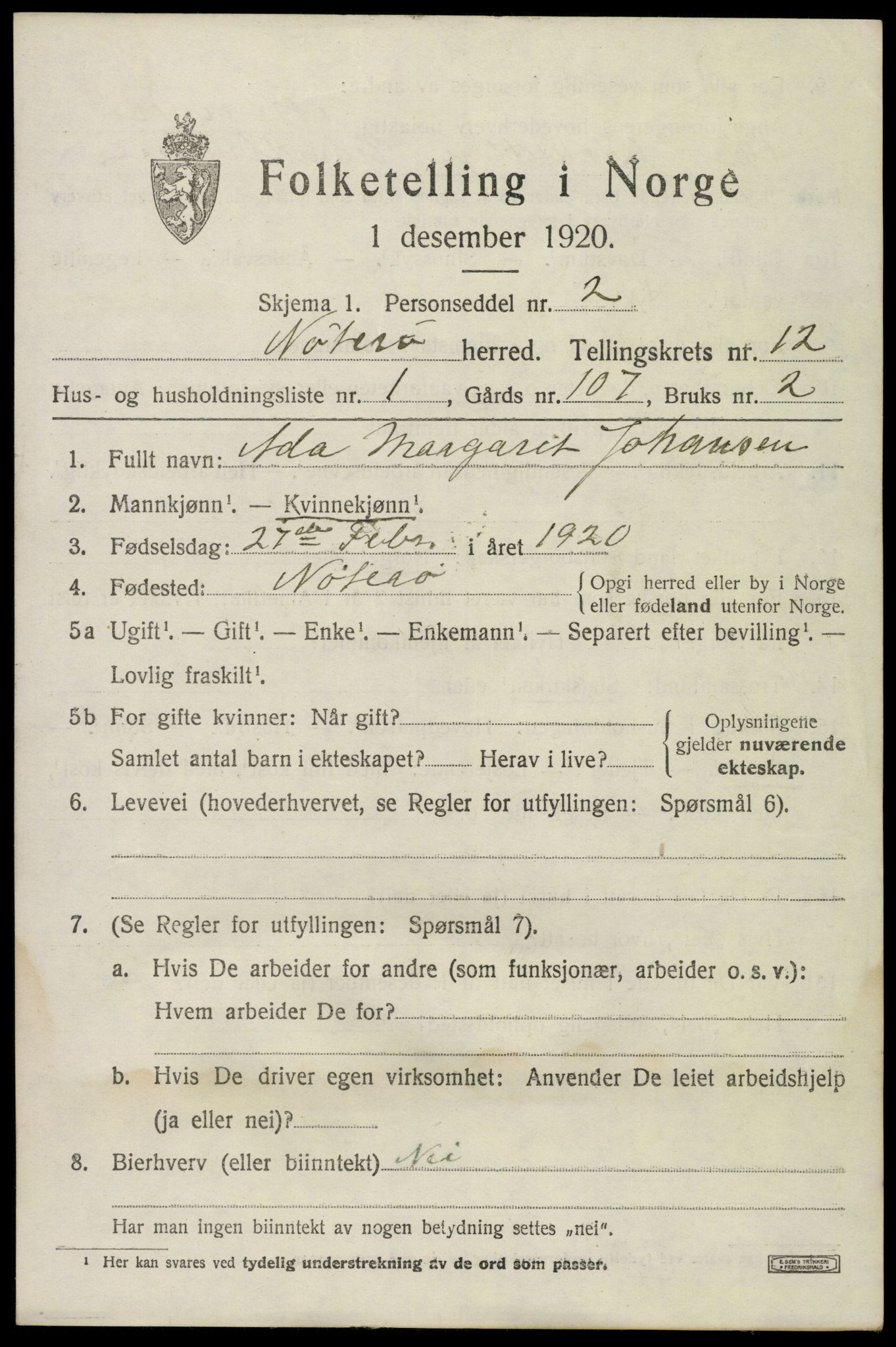 SAKO, 1920 census for Nøtterøy, 1920, p. 14735