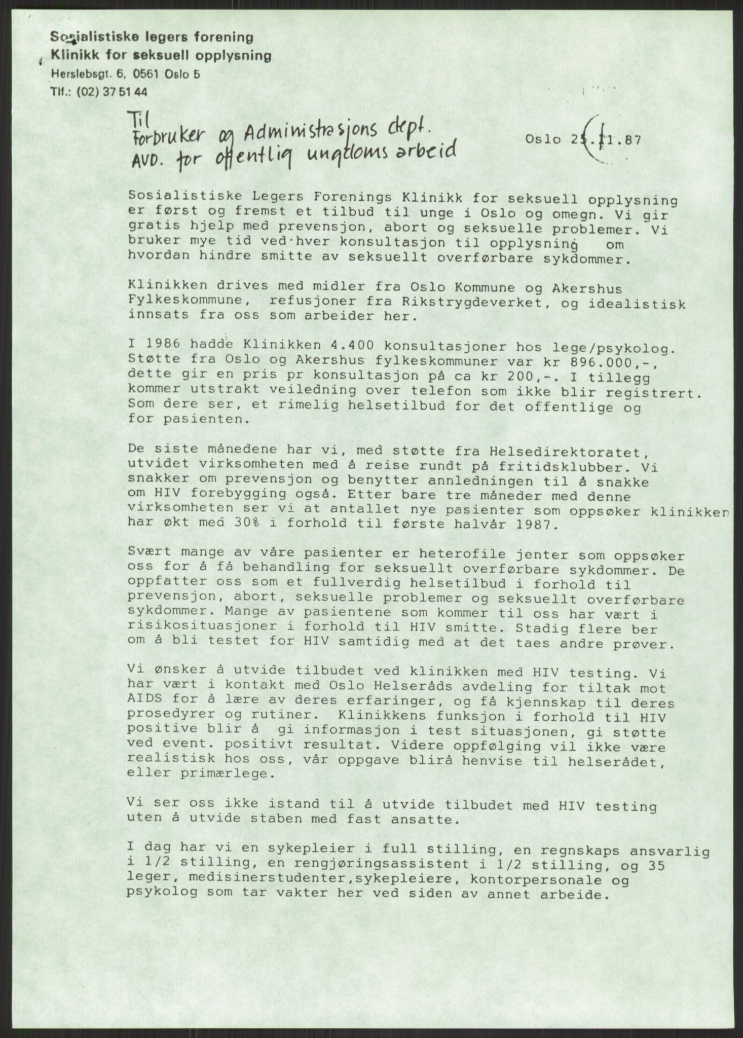 Sosialdepartementet, Administrasjons-, trygde-, plan- og helseavdelingen, RA/S-6179/D/L2240/0004: -- / 619 Diverse. HIV/AIDS, 1987, p. 289