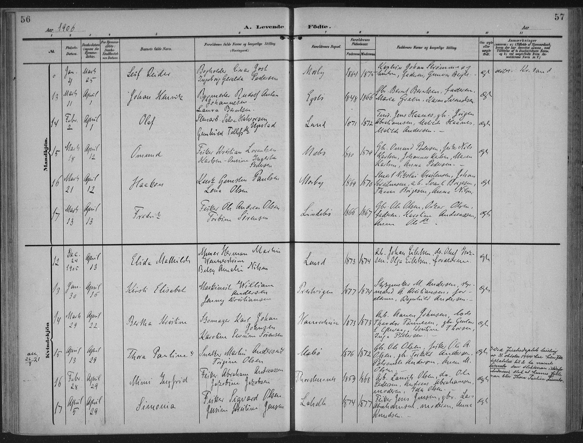 Oddernes sokneprestkontor, AV/SAK-1111-0033/F/Fa/Faa/L0011: Parish register (official) no. A 11, 1904-1911, p. 56-57