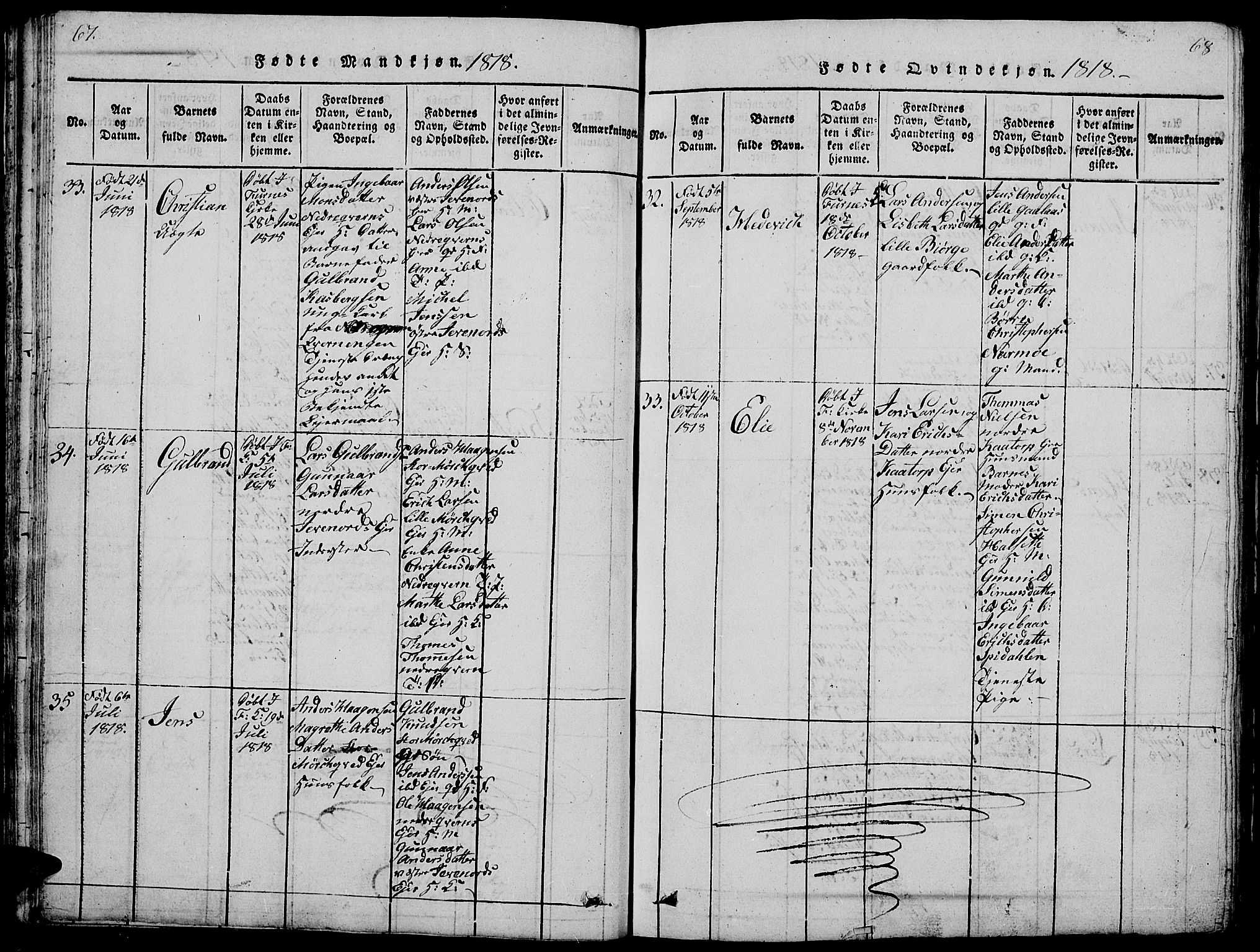 Vang prestekontor, Hedmark, SAH/PREST-008/H/Ha/Hab/L0005: Parish register (copy) no. 5, 1815-1836, p. 67-68