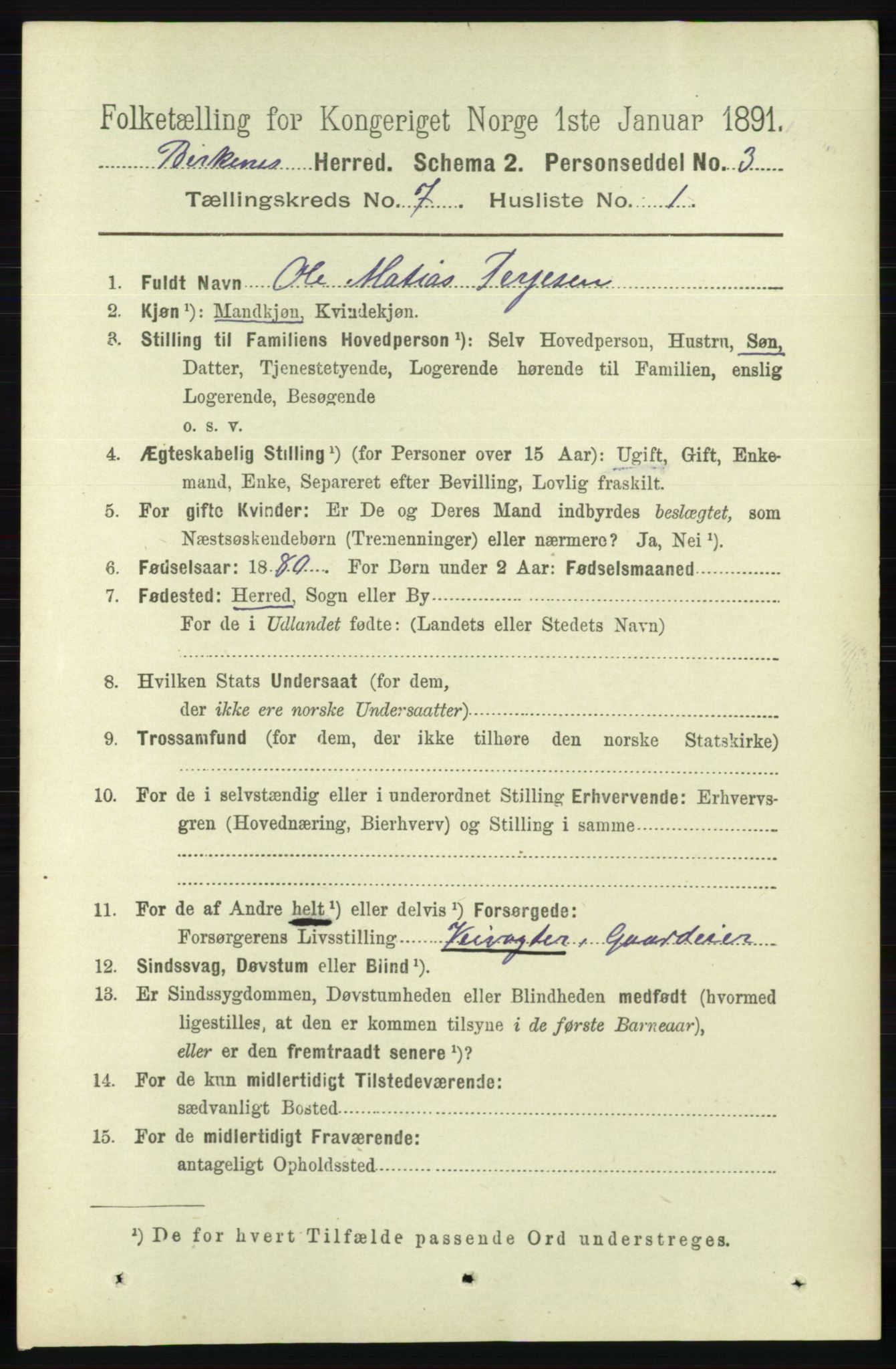 RA, 1891 Census for 0928 Birkenes, 1891, p. 1986