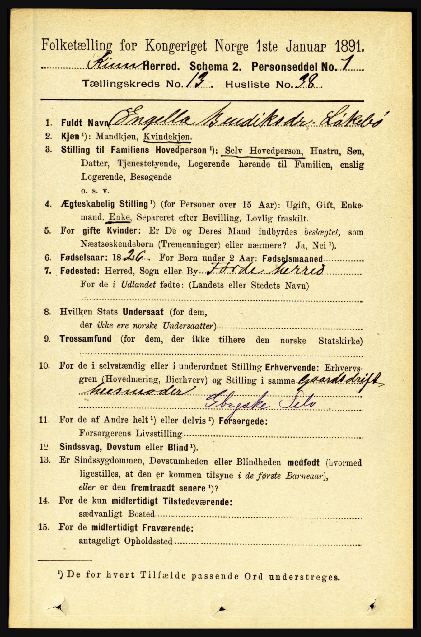 RA, 1891 census for 1437 Kinn, 1891, p. 5316