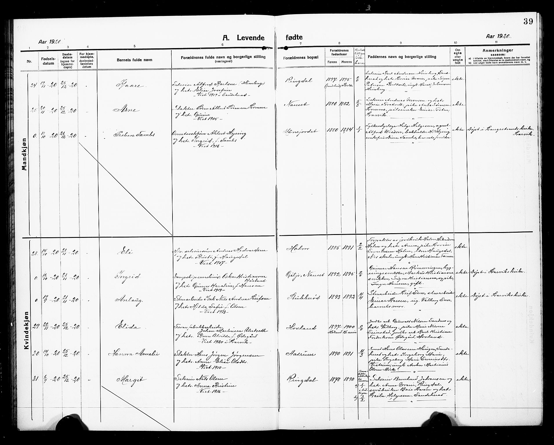 Hedrum kirkebøker, AV/SAKO-A-344/G/Ga/L0005: Parish register (copy) no. I 5, 1916-1930, p. 39