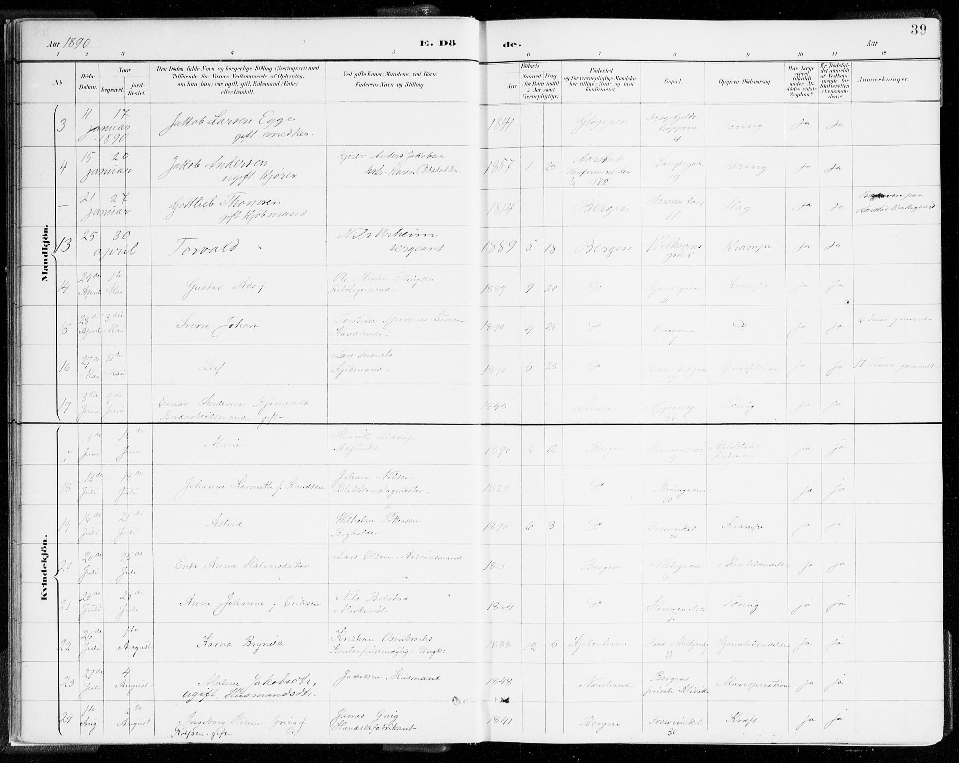 Johanneskirken sokneprestembete, AV/SAB-A-76001/H/Haa/L0019: Parish register (official) no. E 1, 1885-1915, p. 39