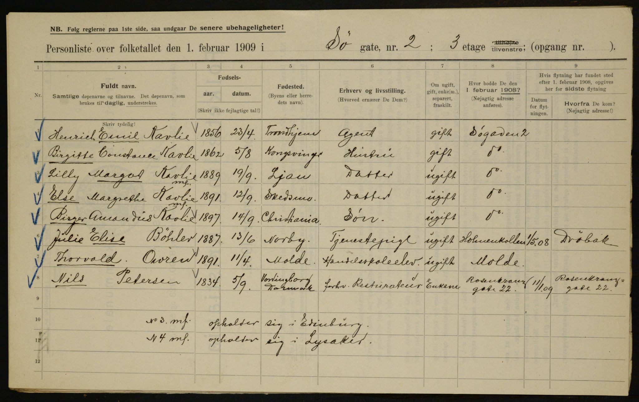 OBA, Municipal Census 1909 for Kristiania, 1909, p. 96162