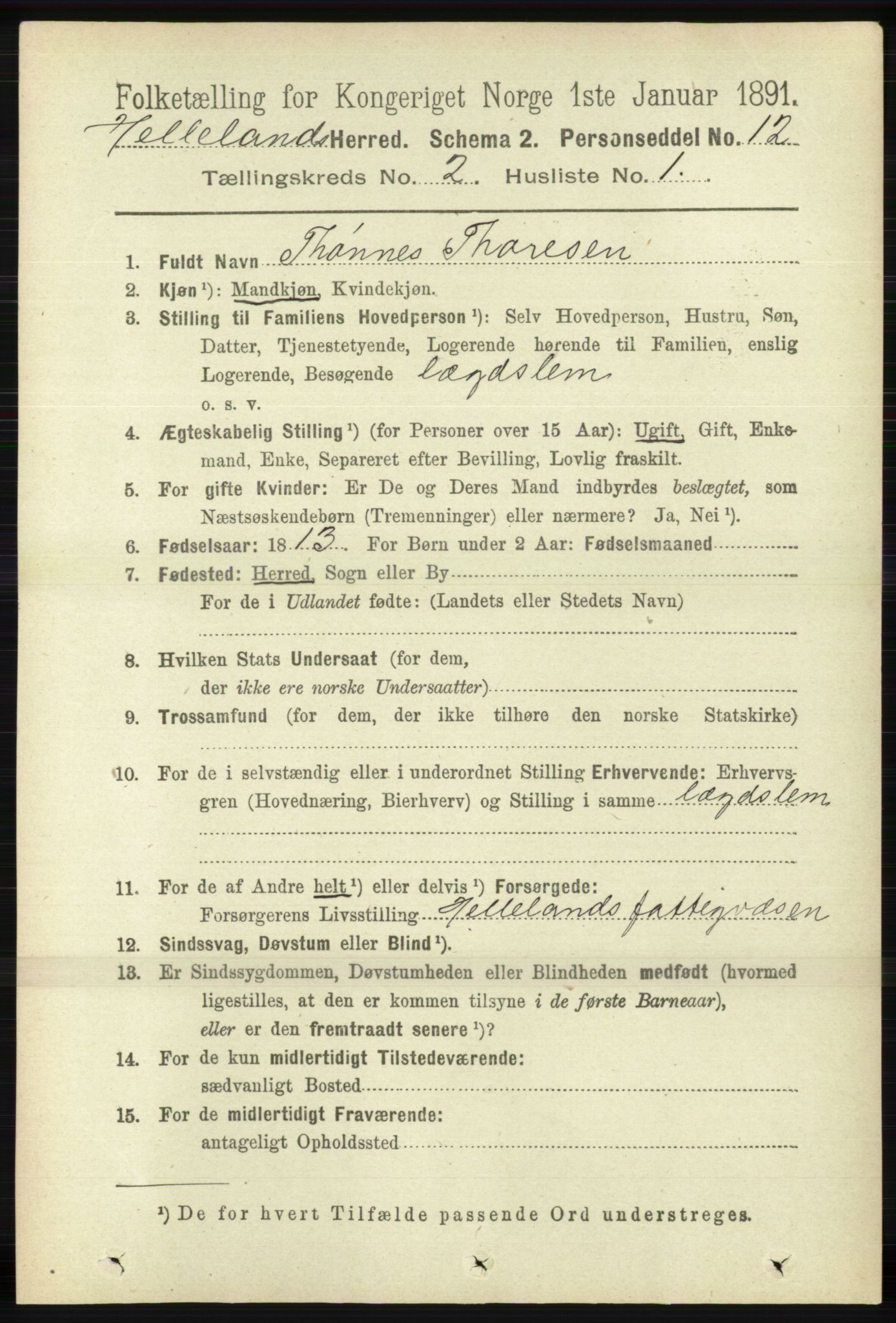 RA, 1891 census for 1115 Helleland, 1891, p. 446