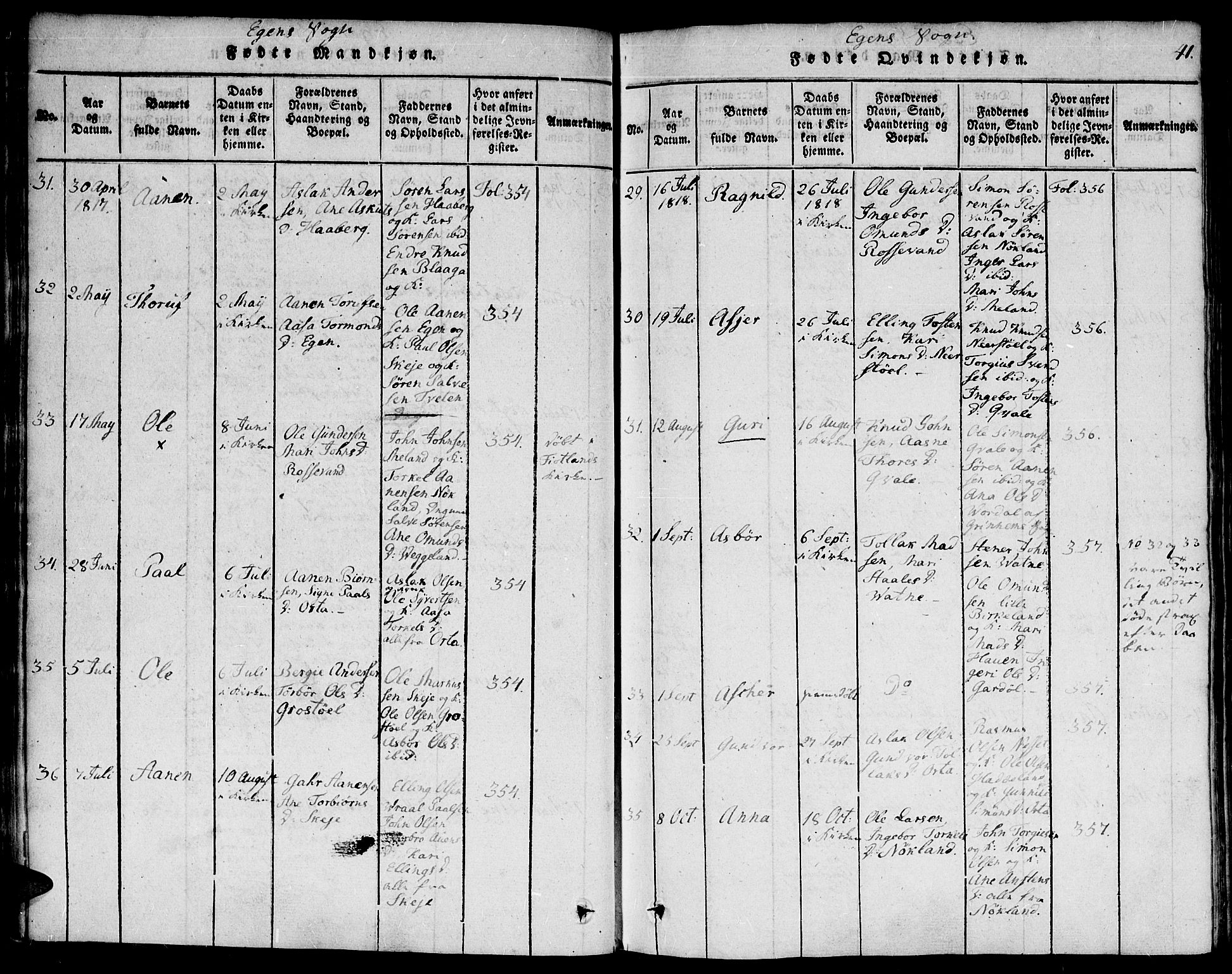 Hægebostad sokneprestkontor, SAK/1111-0024/F/Fa/Faa/L0002: Parish register (official) no. A 2 /2, 1816-1824, p. 41