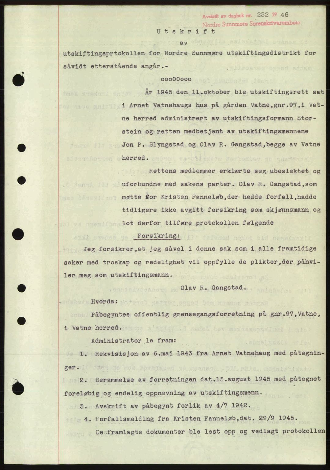 Nordre Sunnmøre sorenskriveri, AV/SAT-A-0006/1/2/2C/2Ca: Mortgage book no. A20b, 1946-1946, Diary no: : 232/1946