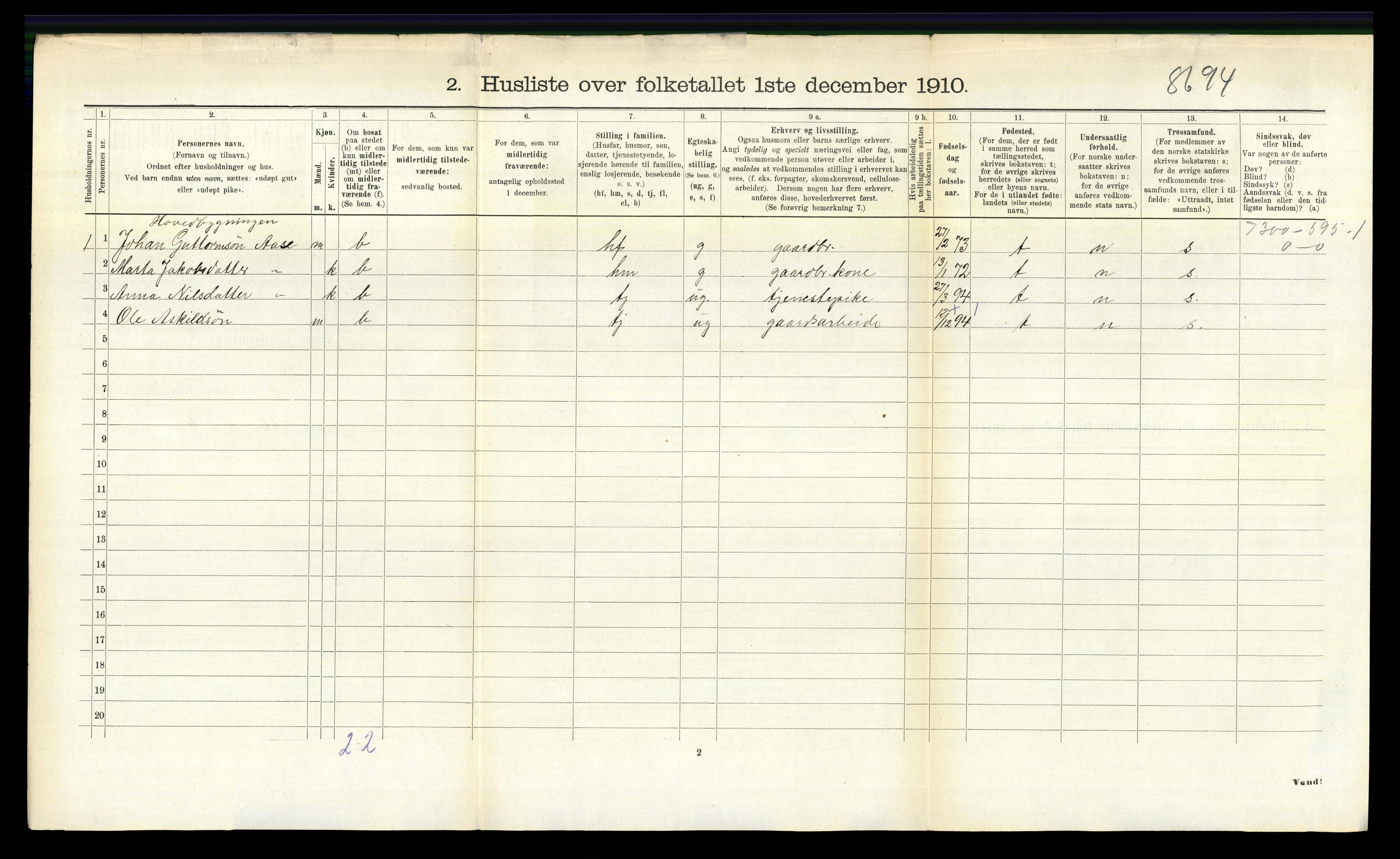 RA, 1910 census for Vik, 1910, p. 962