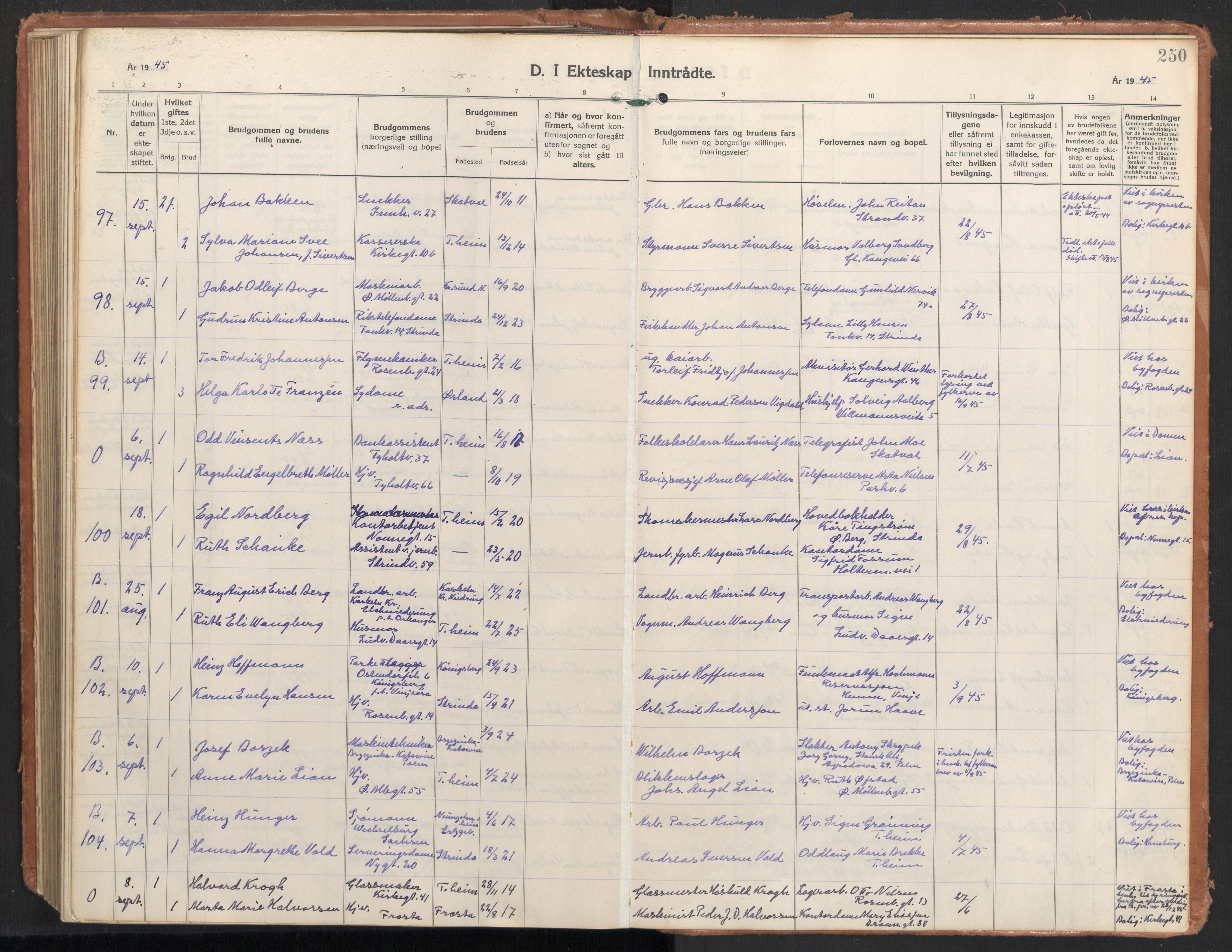 Ministerialprotokoller, klokkerbøker og fødselsregistre - Sør-Trøndelag, AV/SAT-A-1456/604/L0209: Parish register (official) no. 604A29, 1931-1945, p. 250