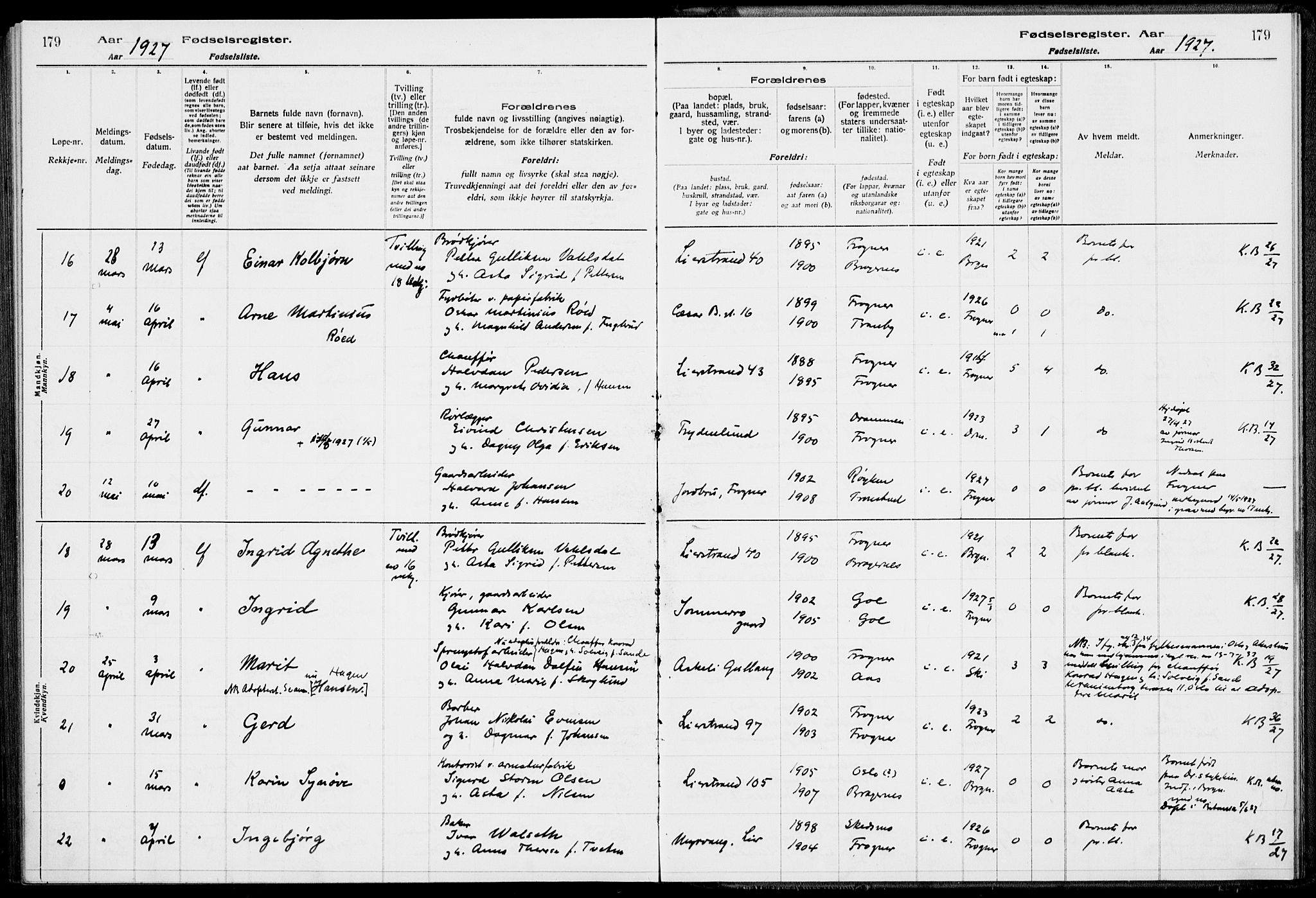 Lier kirkebøker, AV/SAKO-A-230/J/Ja/L0001: Birth register no. 1, 1916-1928, p. 179