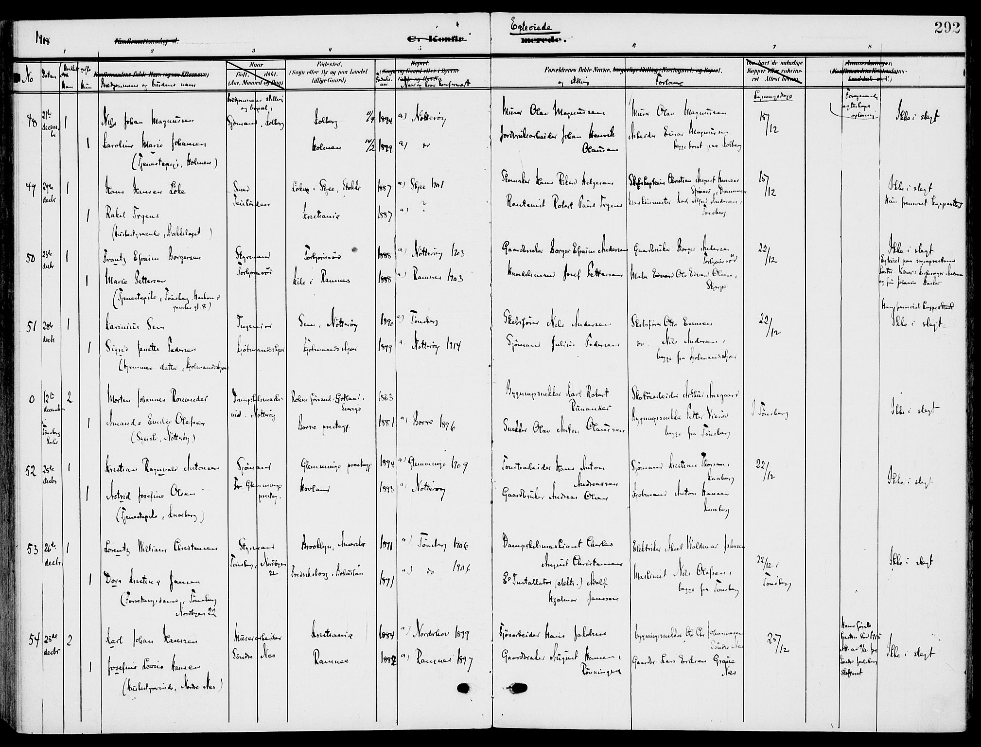 Nøtterøy kirkebøker, AV/SAKO-A-354/F/Fa/L0010: Parish register (official) no. I 10, 1908-1919, p. 292