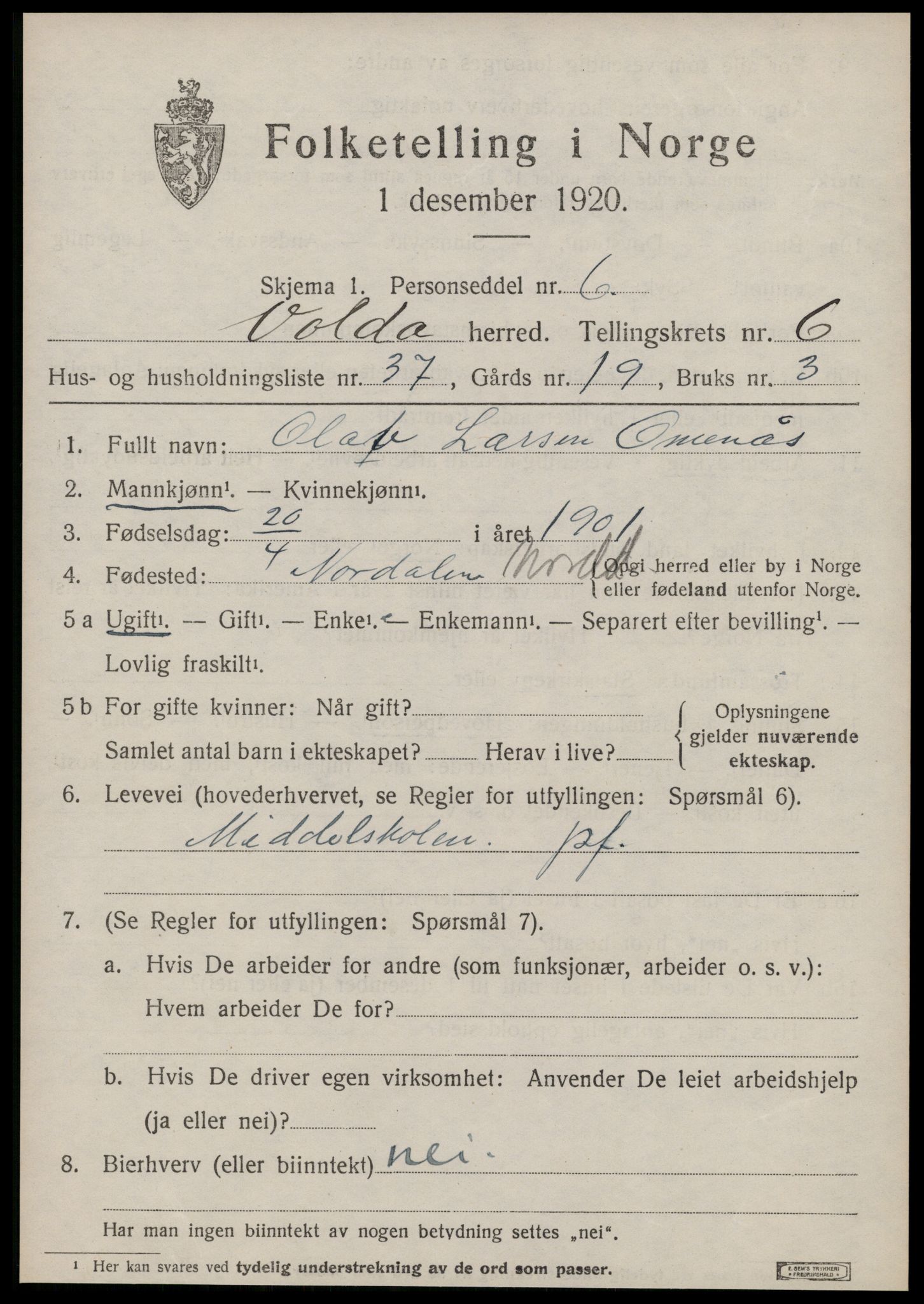 SAT, 1920 census for Volda, 1920, p. 5646