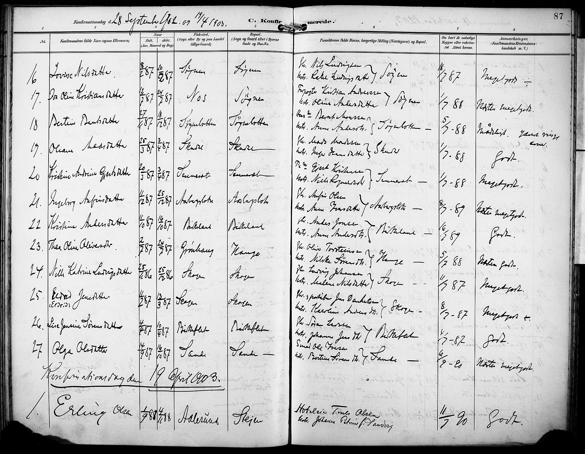 Gaular sokneprestembete, SAB/A-80001/H/Haa: Parish register (official) no. B 2, 1898-1911, p. 87