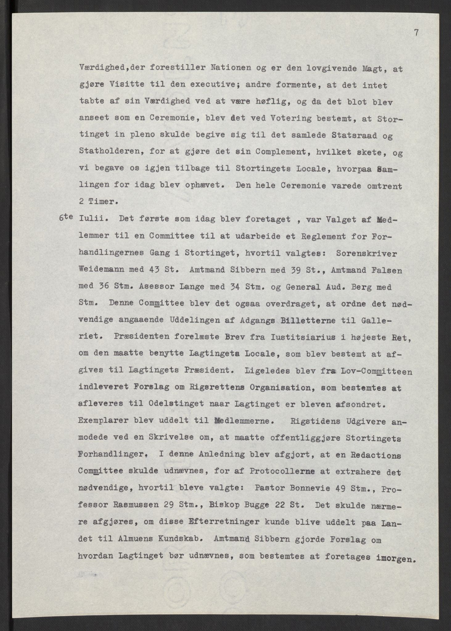 Manuskriptsamlingen, AV/RA-EA-3667/F/L0197: Wetlesen, Hans Jørgen (stortingsmann, ingeniørkaptein); Referat fra Stortinget 1815-1816, 1815-1816, p. 7