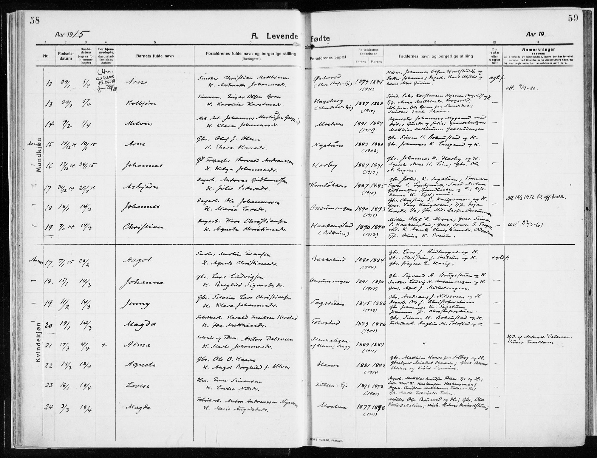 Ringsaker prestekontor, AV/SAH-PREST-014/K/Ka/L0020: Parish register (official) no. 20, 1913-1922, p. 58-59