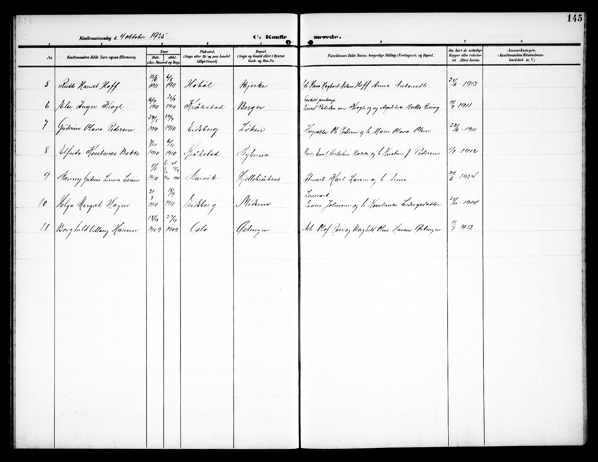 Kråkstad prestekontor Kirkebøker, AV/SAO-A-10125a/G/Ga/L0002: Parish register (copy) no. I 2, 1905-1934, p. 145