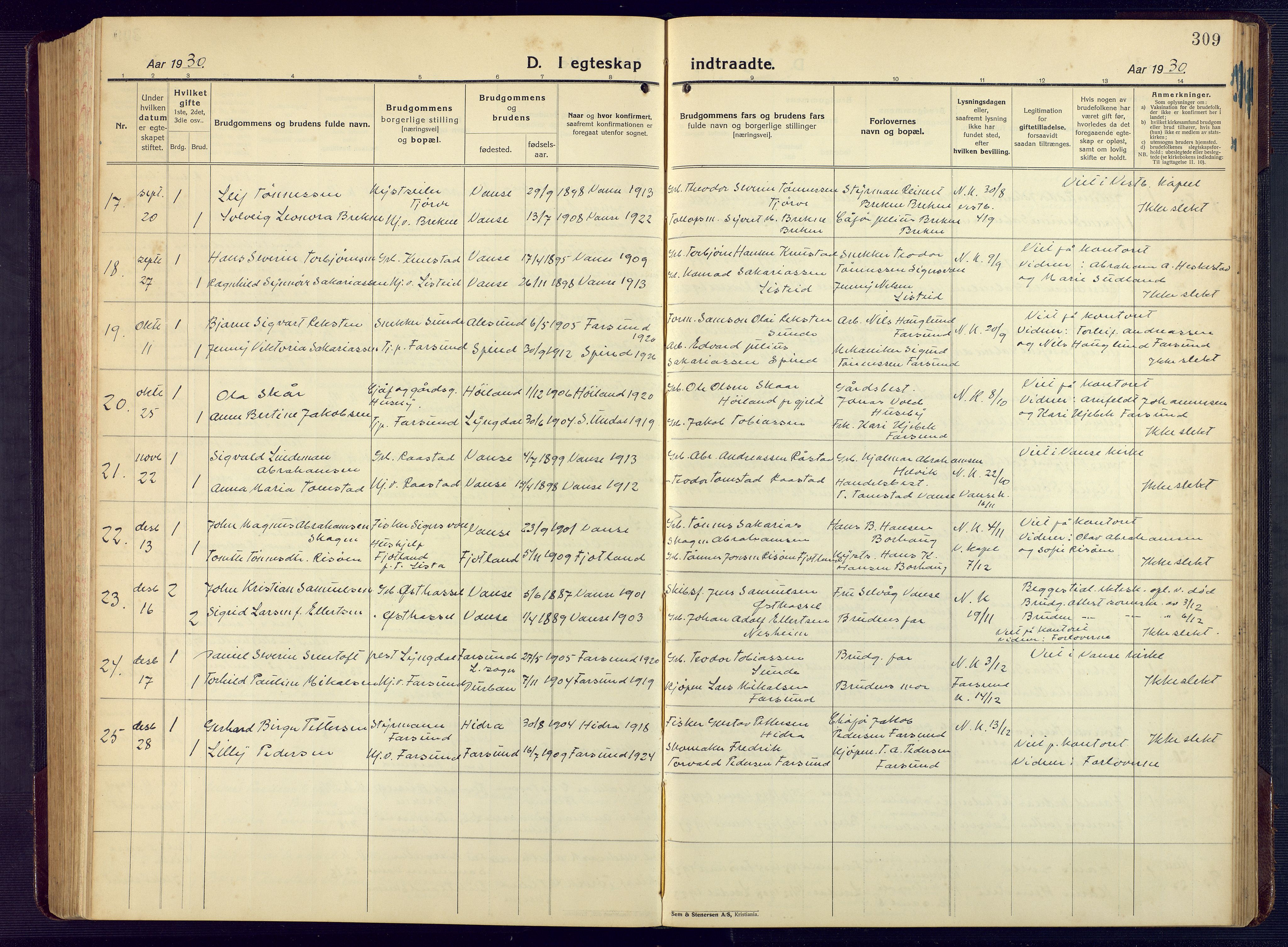 Lista sokneprestkontor, AV/SAK-1111-0027/F/Fb/L0006: Parish register (copy) no. B 6, 1924-1947, p. 309