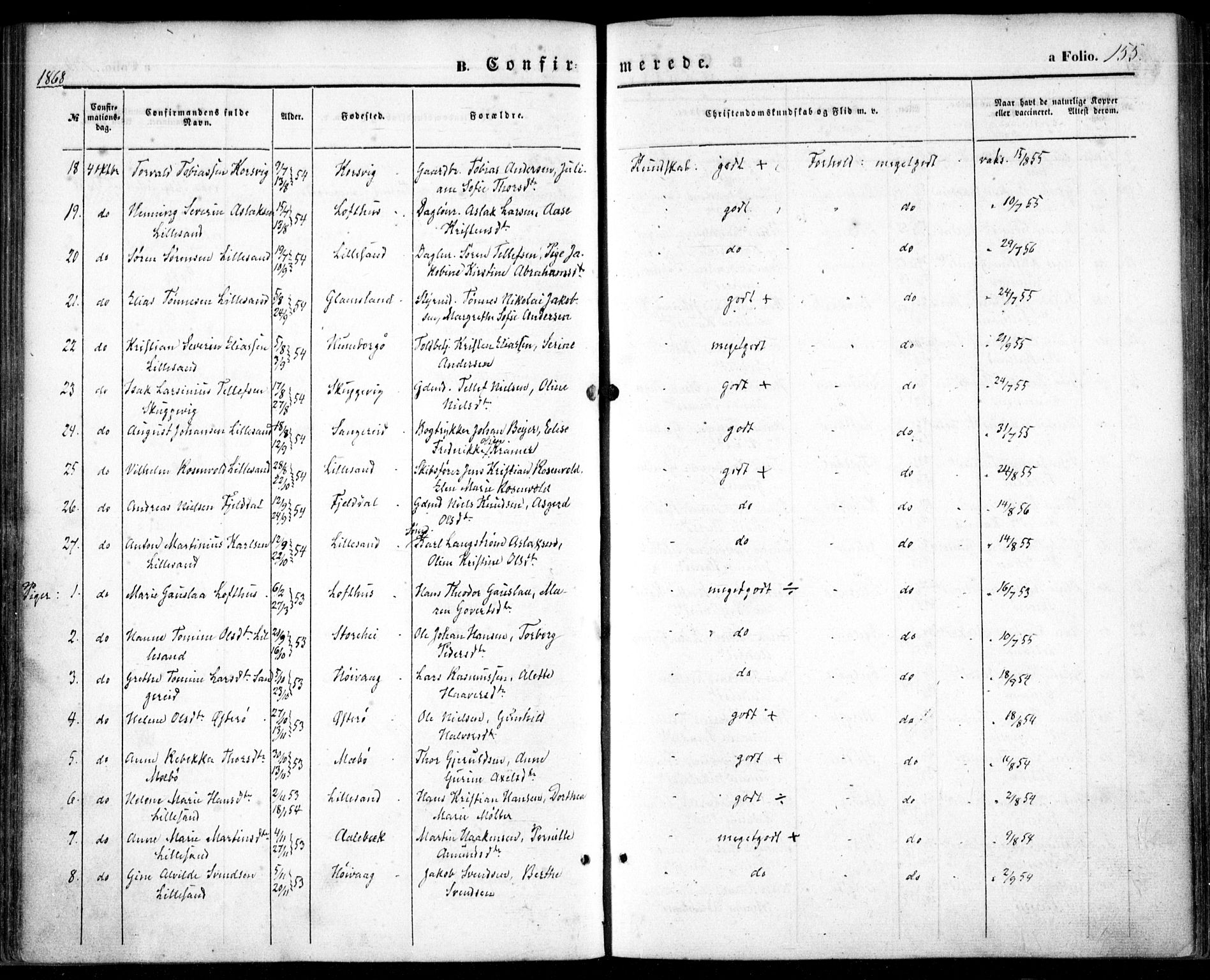 Vestre Moland sokneprestkontor, SAK/1111-0046/F/Fa/Fab/L0007: Parish register (official) no. A 7, 1859-1872, p. 155