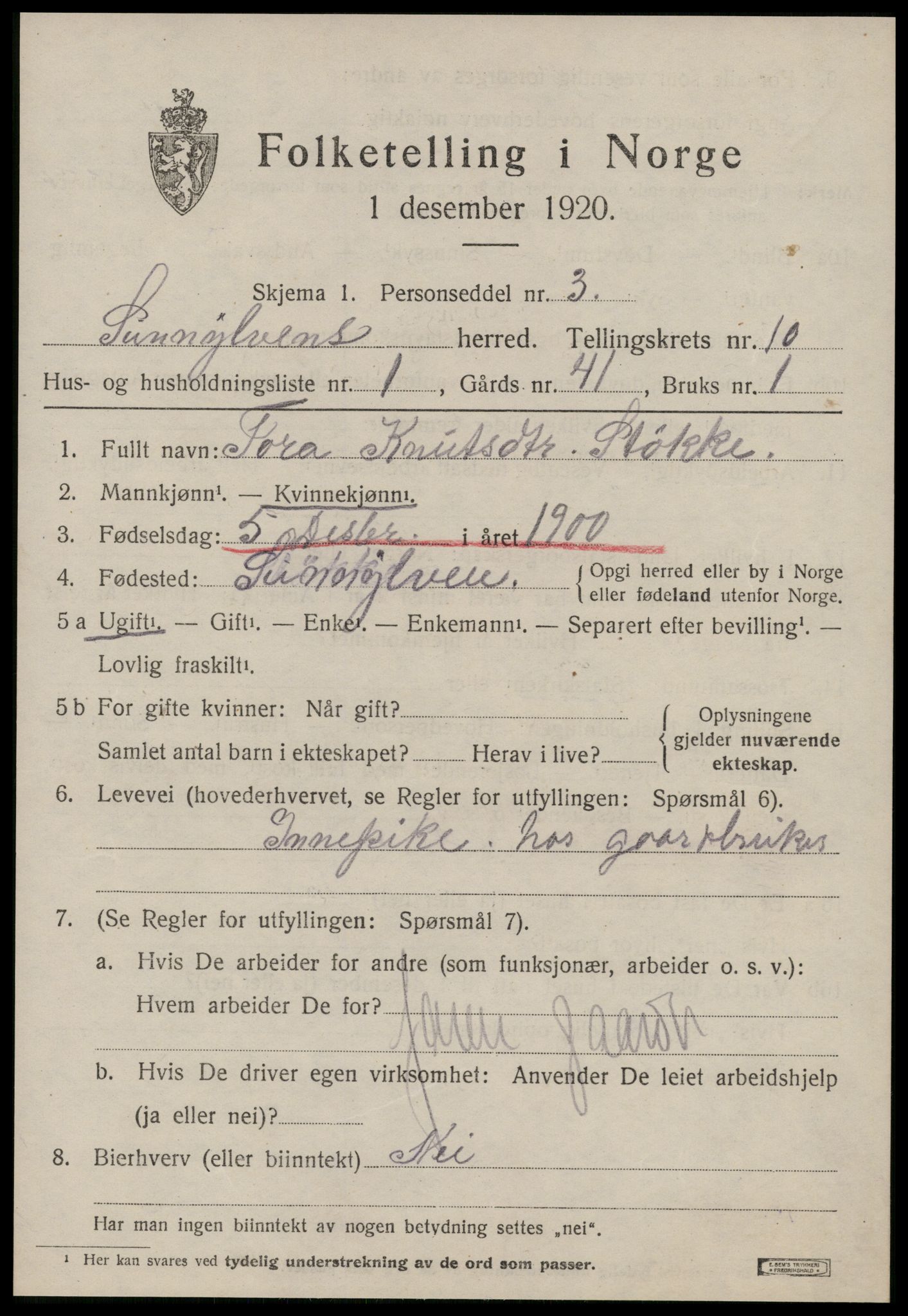 SAT, 1920 census for Sunnylven, 1920, p. 3026