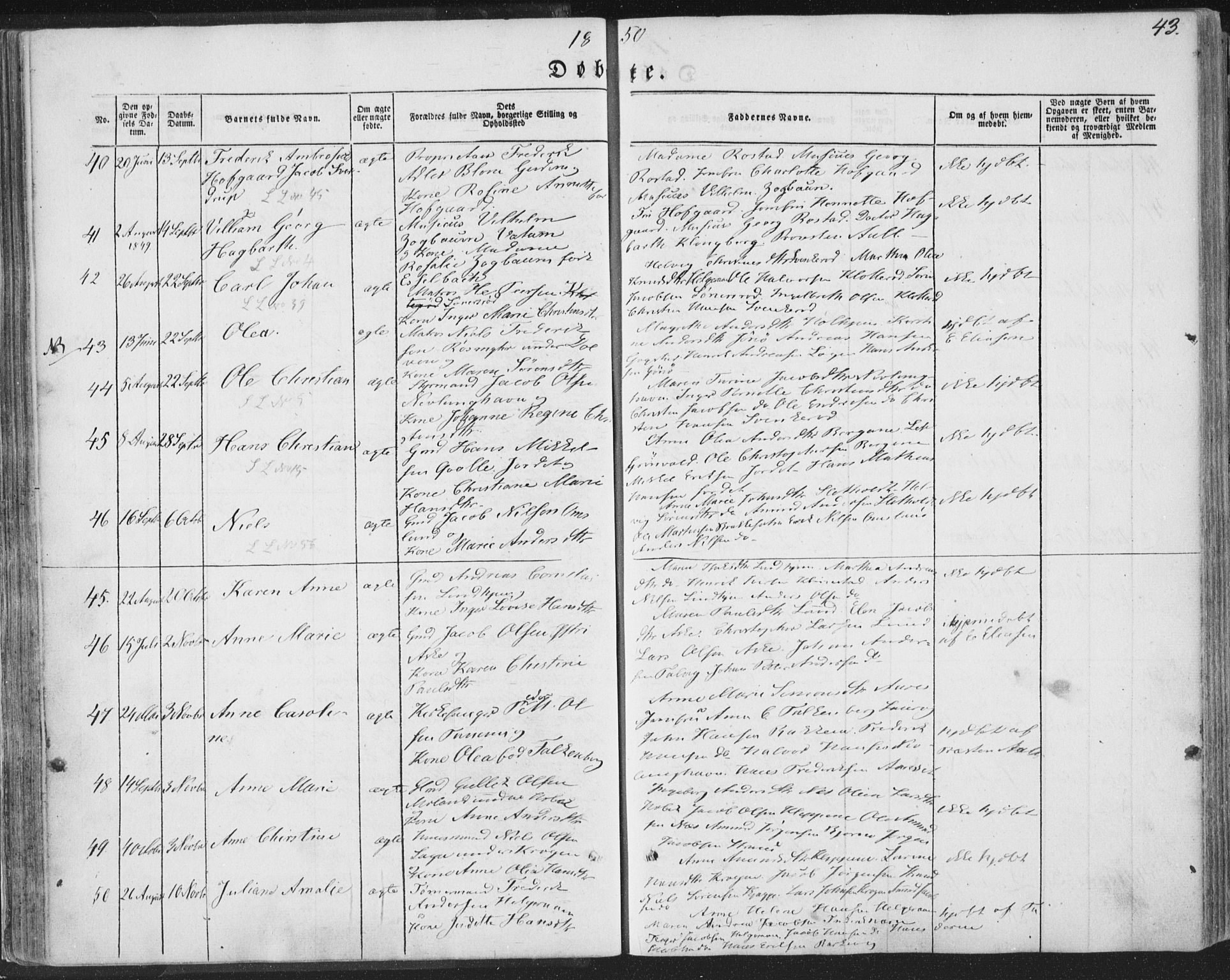 Brunlanes kirkebøker, AV/SAKO-A-342/F/Fa/L0004: Parish register (official) no. I 4, 1846-1862, p. 43