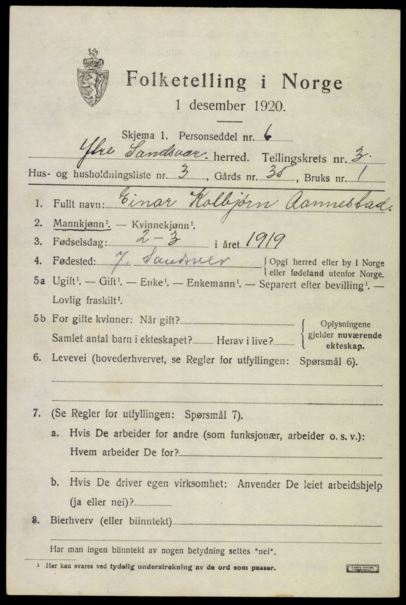 SAKO, 1920 census for Ytre Sandsvær, 1920, p. 3724