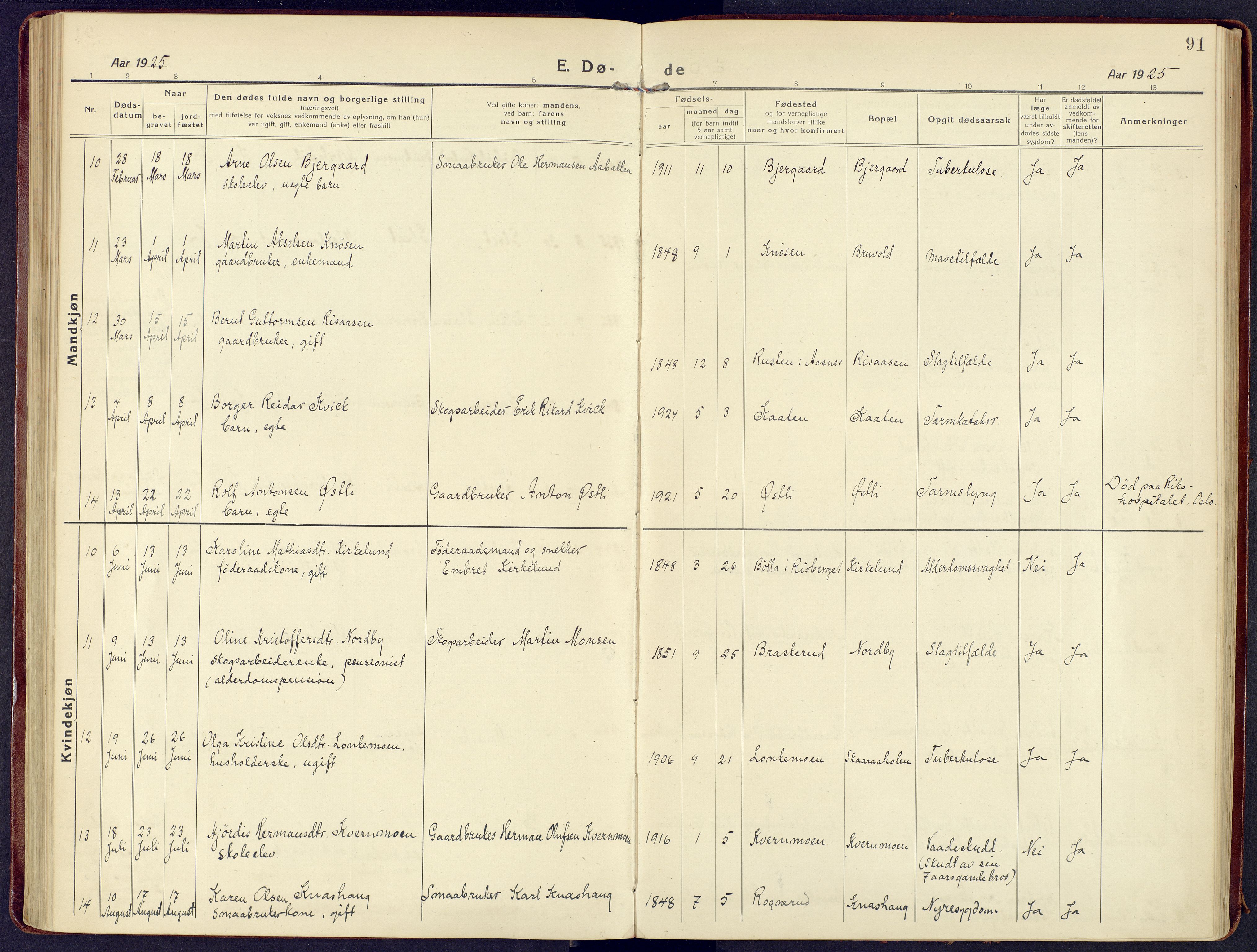 Våler prestekontor, Hedmark, AV/SAH-PREST-040/H/Ha/Haa/L0011: Parish register (official) no. 11, 1919-1933, p. 91